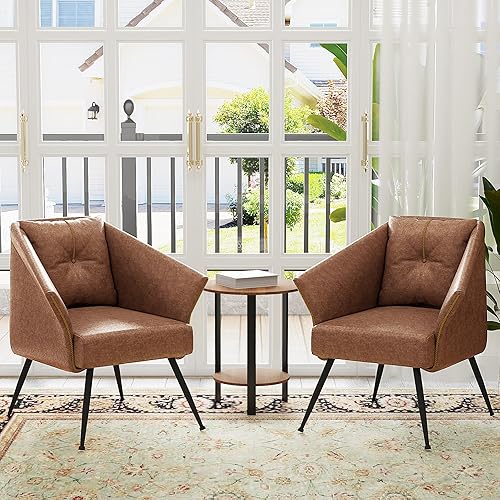 Miniatura 2 de Accent Chairs - Silla moderna cómoda de mediados de siglo, para sala de estar, dormitorio, lectura, silla de piel sintética, color marrón 1