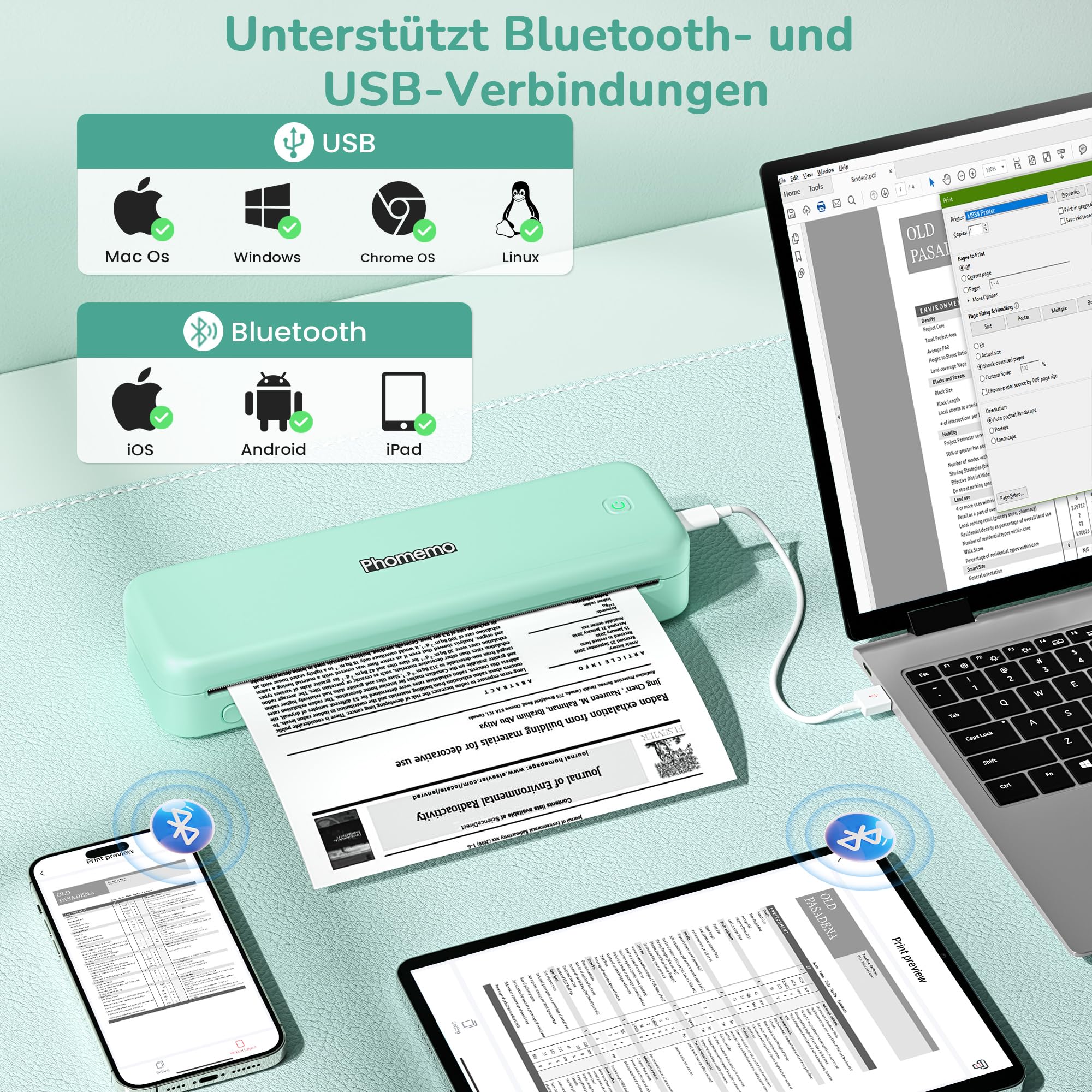 Phomemo Tragbarer Mobiler Thermodrucker A4 300 DPI - M834 Grünes Set – Bild 2