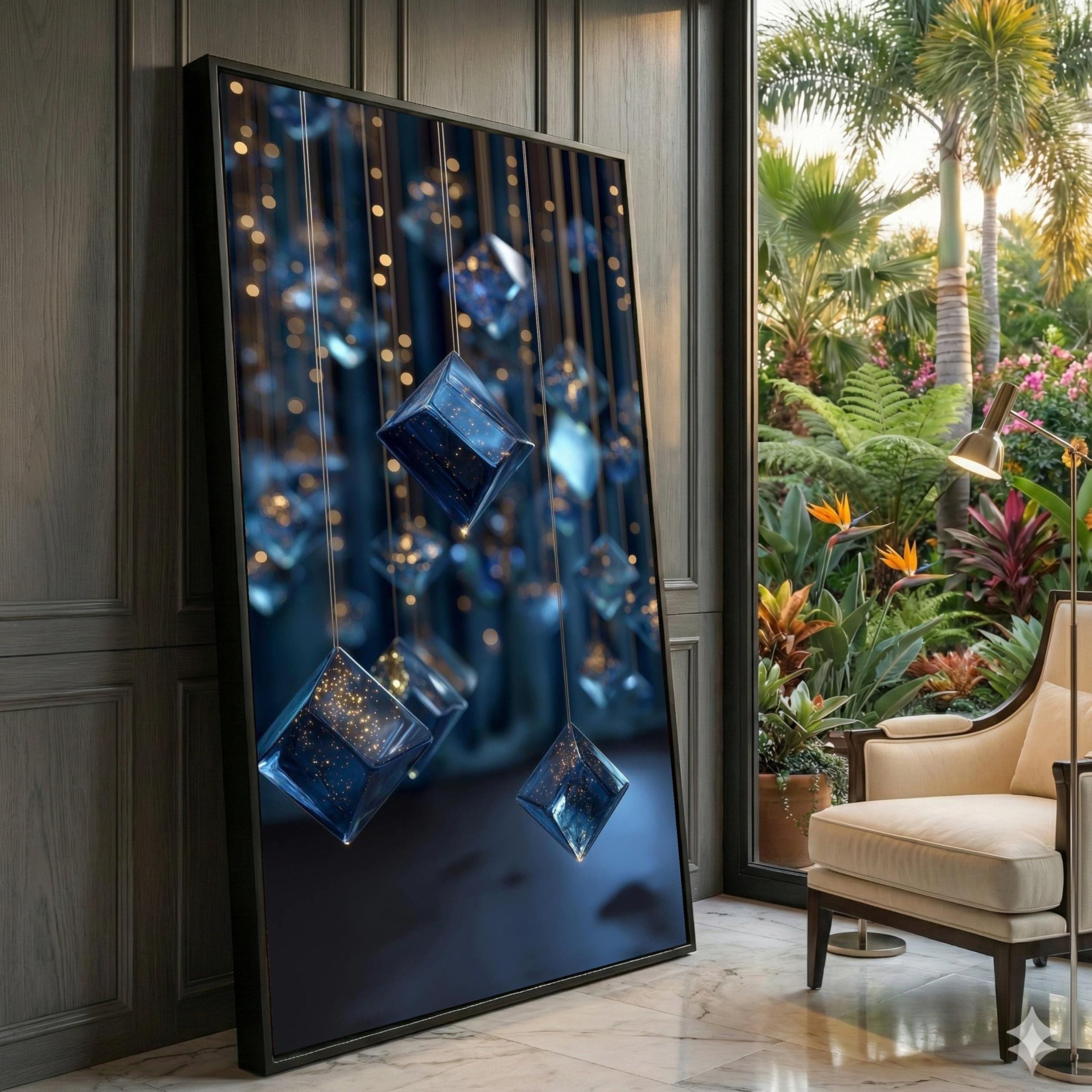 XINBAO Modern Hanging Glass Cubes Canvas Wall Art, Abstract Blue Geometric Decoration, Ambient Design, Contemporary Pictures(60x105cm/Inner Frame)