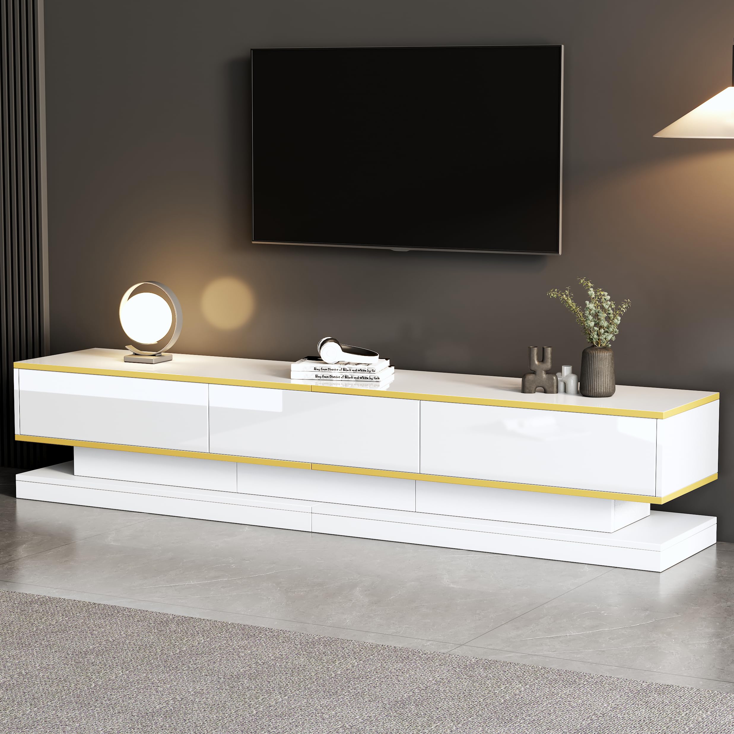 TV Schrank, TV Lowboard mit 3 Schubladen, Warmweiße Hochglanzoptik, Robustes und Langlebiges Material, Fernsehschrank, 200 x 40 x 40 cm, Weiß