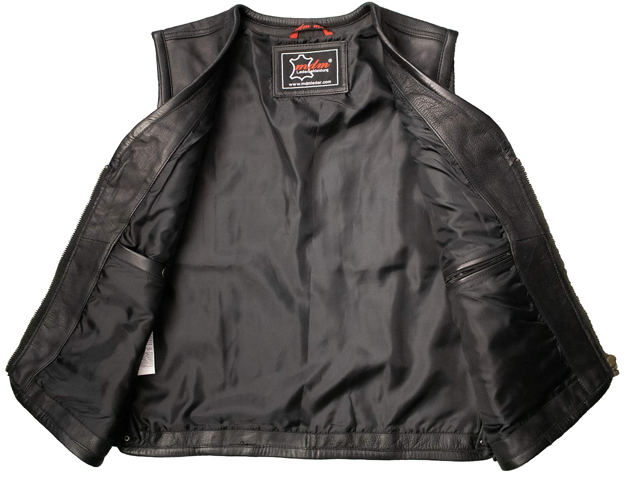Gilet moto uomo in vero cuoio nappa bovina 1,2 mm – Gilet biker senza colletto con cerniera, tasche interne ed esterne, lati espandibili con zip, Nero