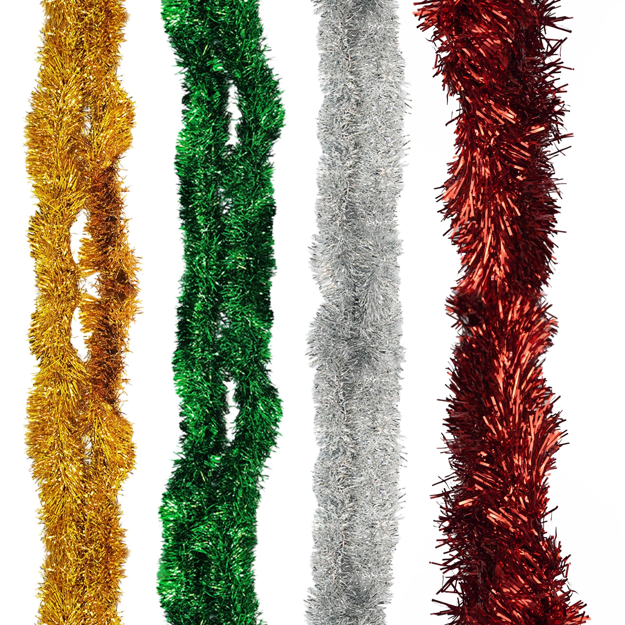 Trimming Shop 8m Christmas Tinsel Garland Red Green Gold Silver Shiny Metallic Fine Foil Twist Xmas Tree Garland for Festive Party, Holiday Celebration, Indoor & Outdoor Hanging Decorations