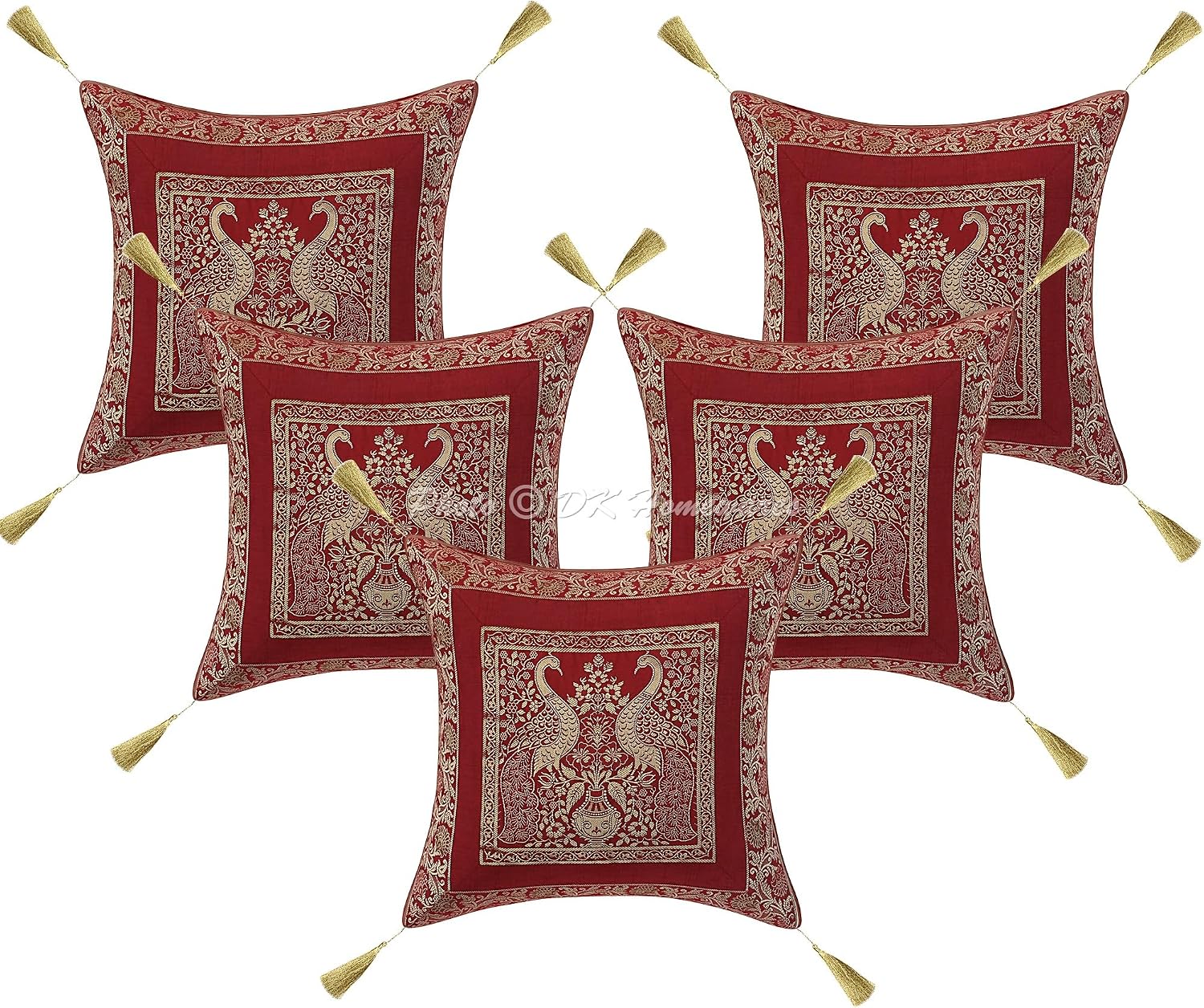 Decorative Throw Cushion Covers 18x18 Inch Brocade Jacquard Weave Indian Square Peacock Cushion Covers (Size - 45x45 cm ; Color: Burgundy Maroon & Gold) - Set of 5 Pcs (Cover Only)