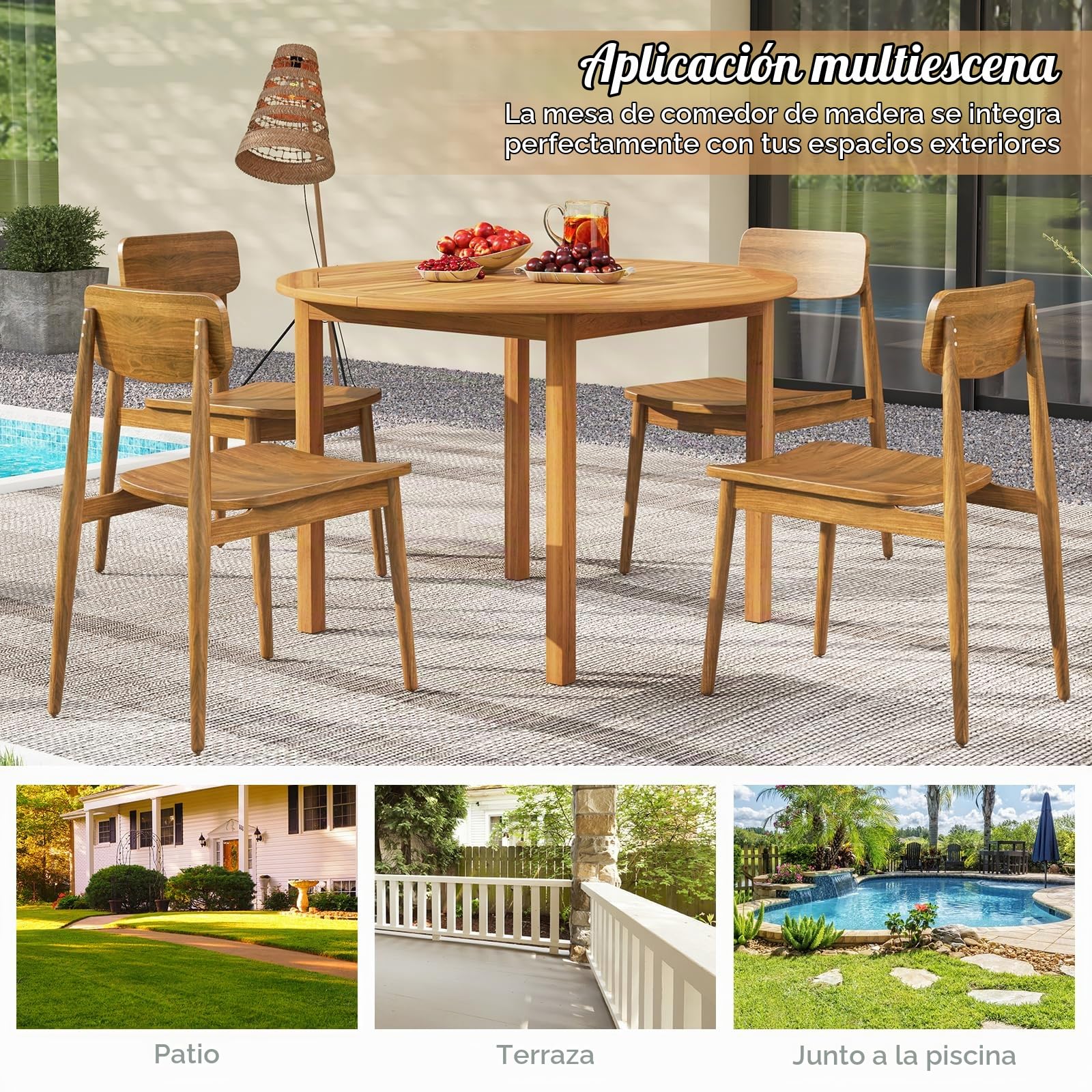 GOPLUS Mesa de Comedor de Madera de Acacia con Tablero de Listones | Mesa Redonda Clásica para 4 Personas, Ideal para Interiores y Exteriores, 100x100x75 cm