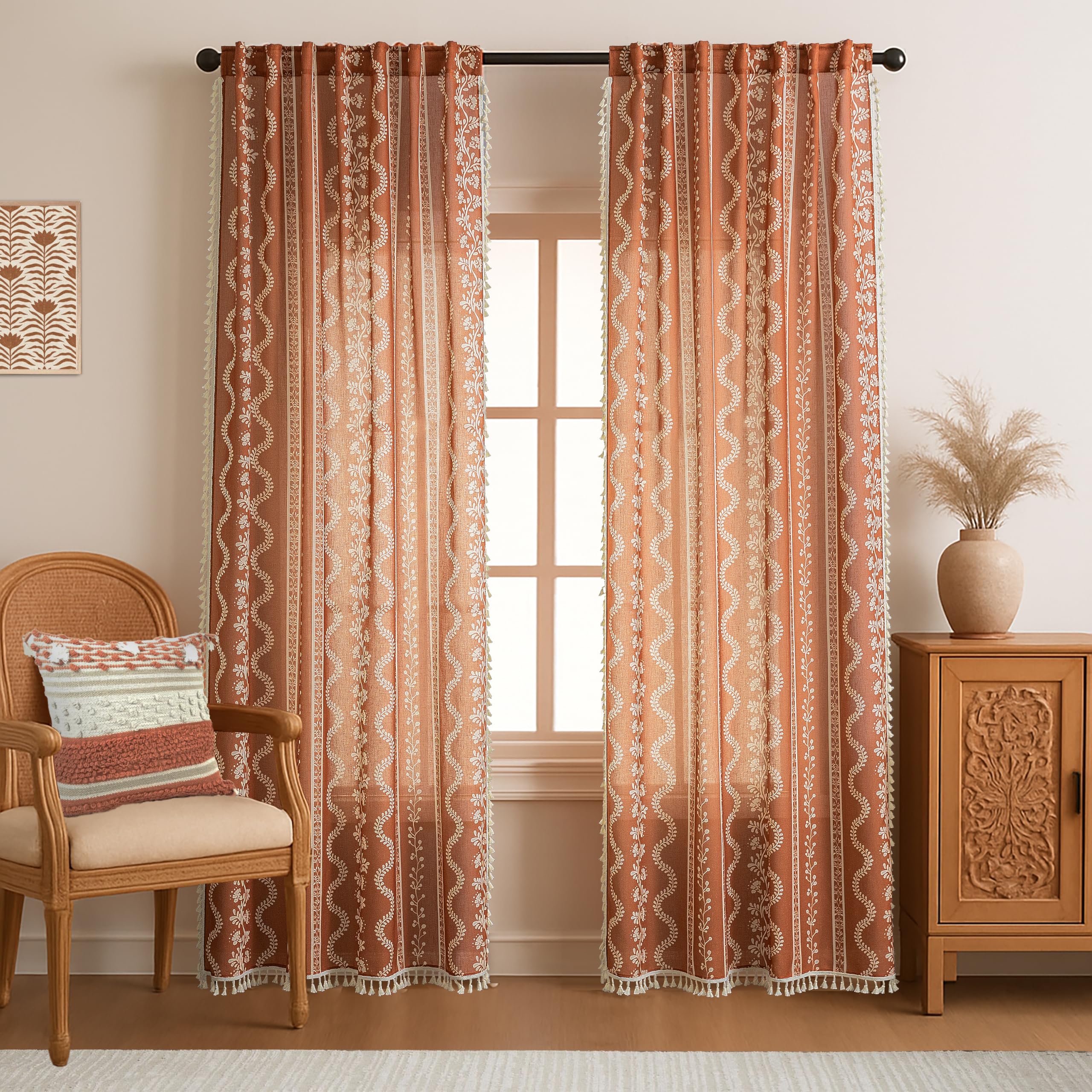 Böhmische Vorhänge mit Blumenmuster für Wohnzimmer, Terrakotta, Boho-Leinen, durchscheinende Vorhänge für Schlafzimmer, 244 cm lang