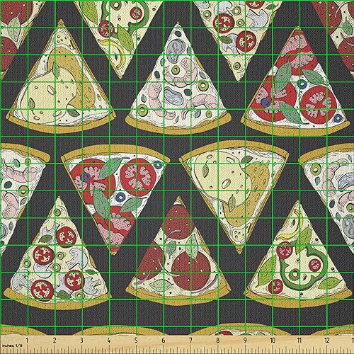 Miniatura 2 de Ambesonne Pizza Fabric by The Yard, Pattern of Cartoon Slice Italian Dish Delicious Pepperoni Ingredient, Microfiber Fabric for Arts and Crafts