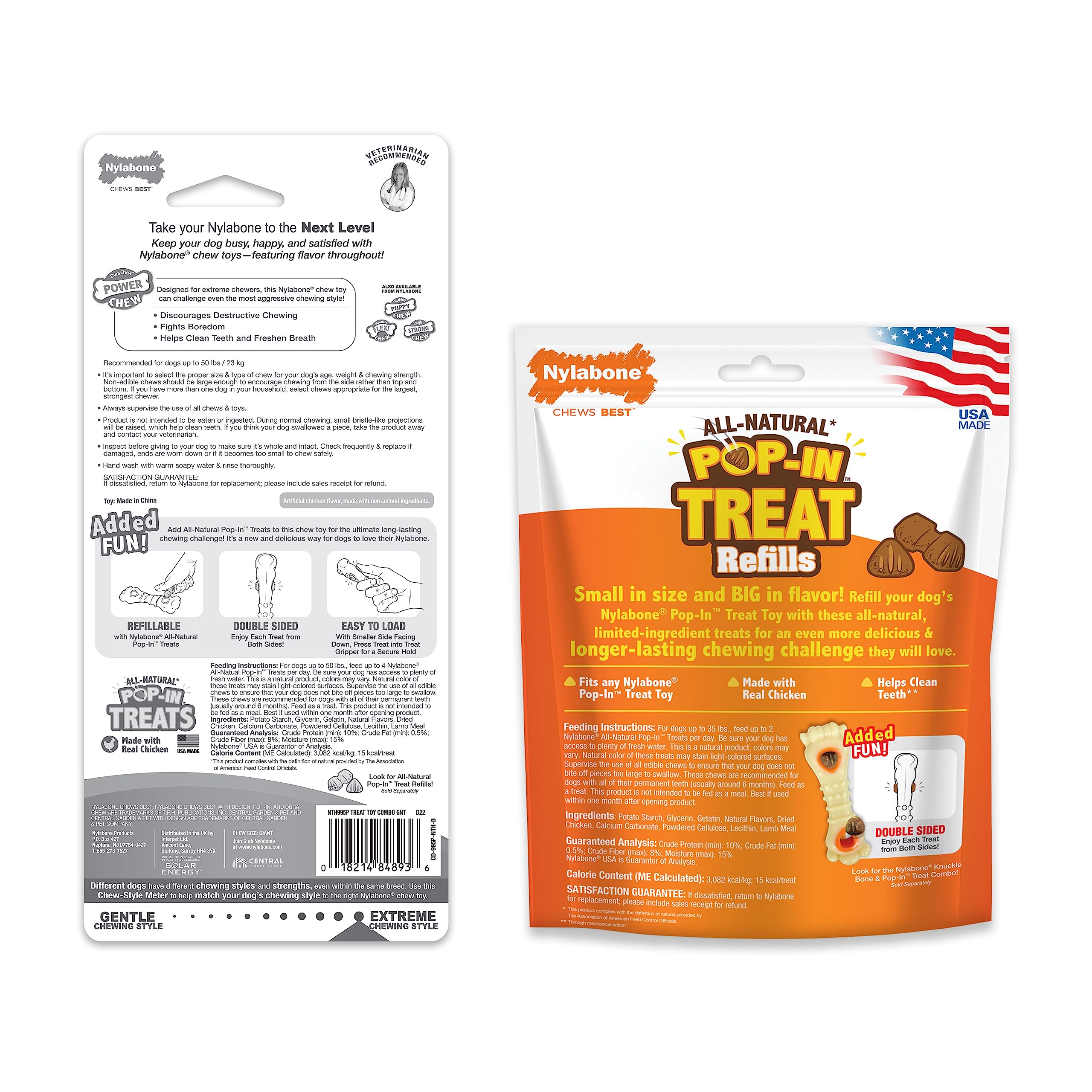 Nylabone Knuckle Bone Pop-in Treat Toy Power Chew Toy con 30 recambios, Juguetes interactivos de enriquecimiento para Perros, Sabor a Pollo de Larga duración, Perros Grandes, hasta 50 Libras, Paquete