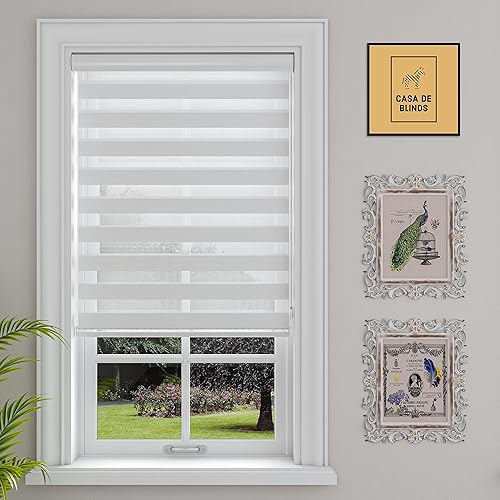 Zebra Blinds Window Dual Layer Roller Shades, Corded Horizontal Blind, Day & Night Light Filtering Privacy Drapes for Living Room, Bedroom, Office, & Hotel with Easy Install, White, 72 Inch Length