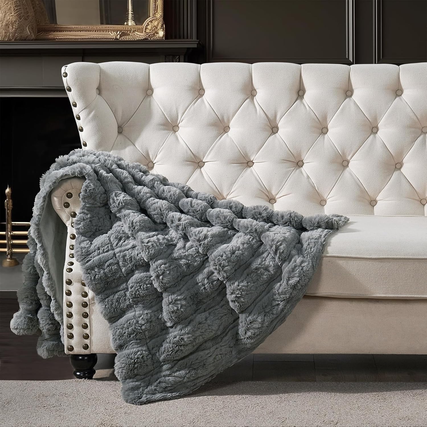 Luxury Faux Fur Throw Blanket Reversible to Cozy Velvet, 750GSM Soft Plush Warm Elegant Fuzzy Blanket for Couch, Bed, Sofa Fluffy Decorative Blankets, 50"x60", Gray
