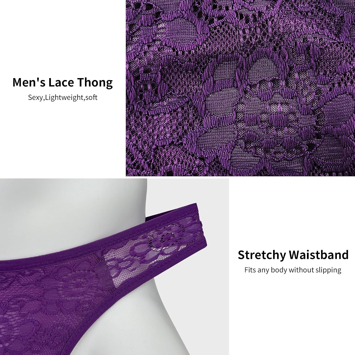 MINFORYUN Men's Sexy Lace Thongs Low Rise Underwear Comfortable Seamless Plus Size Bikini Panties 2 Pack S-4XL