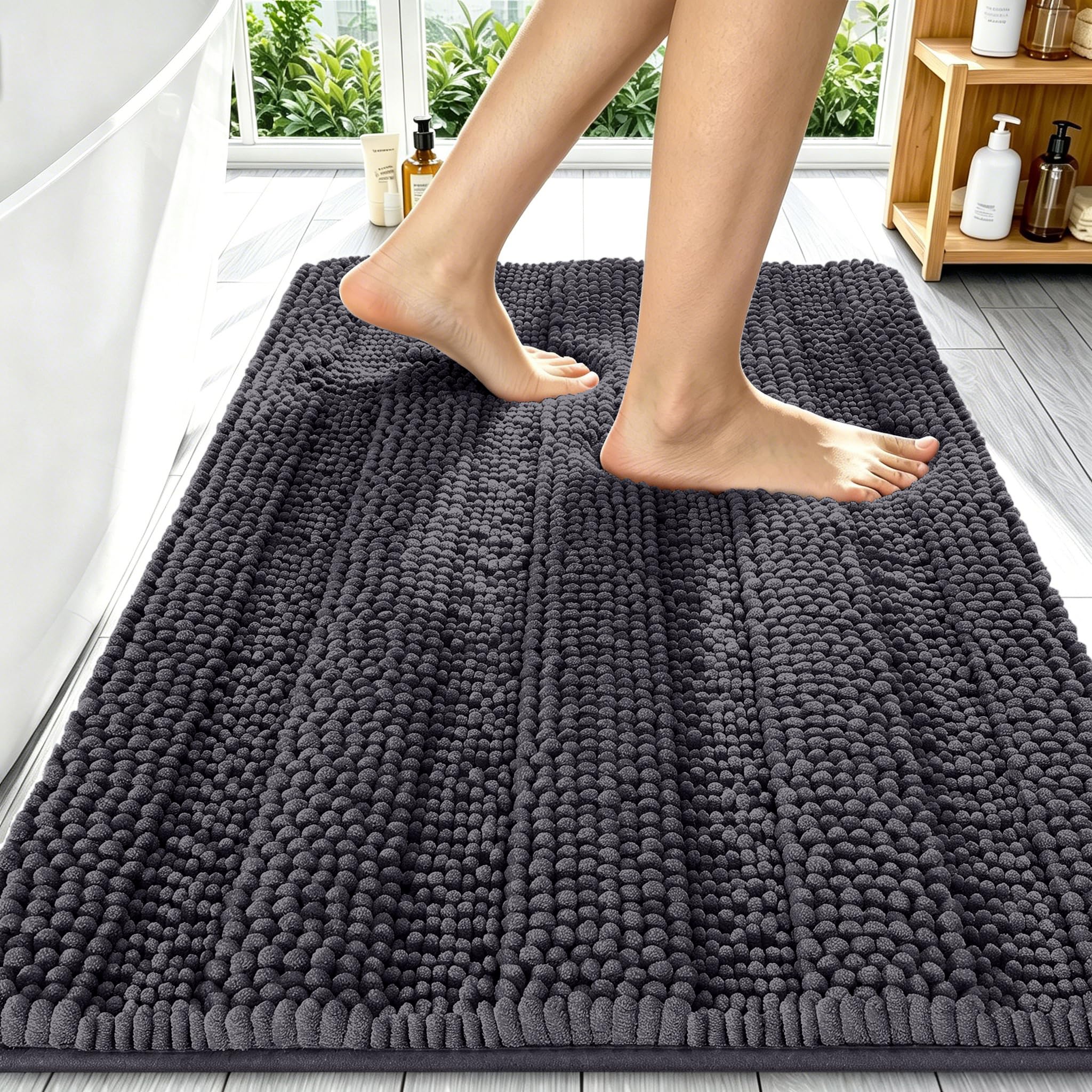 Smiry Thick Chenille Bathroom Runner Rugs 34x21, Soft Bath Mat, Dark Grey