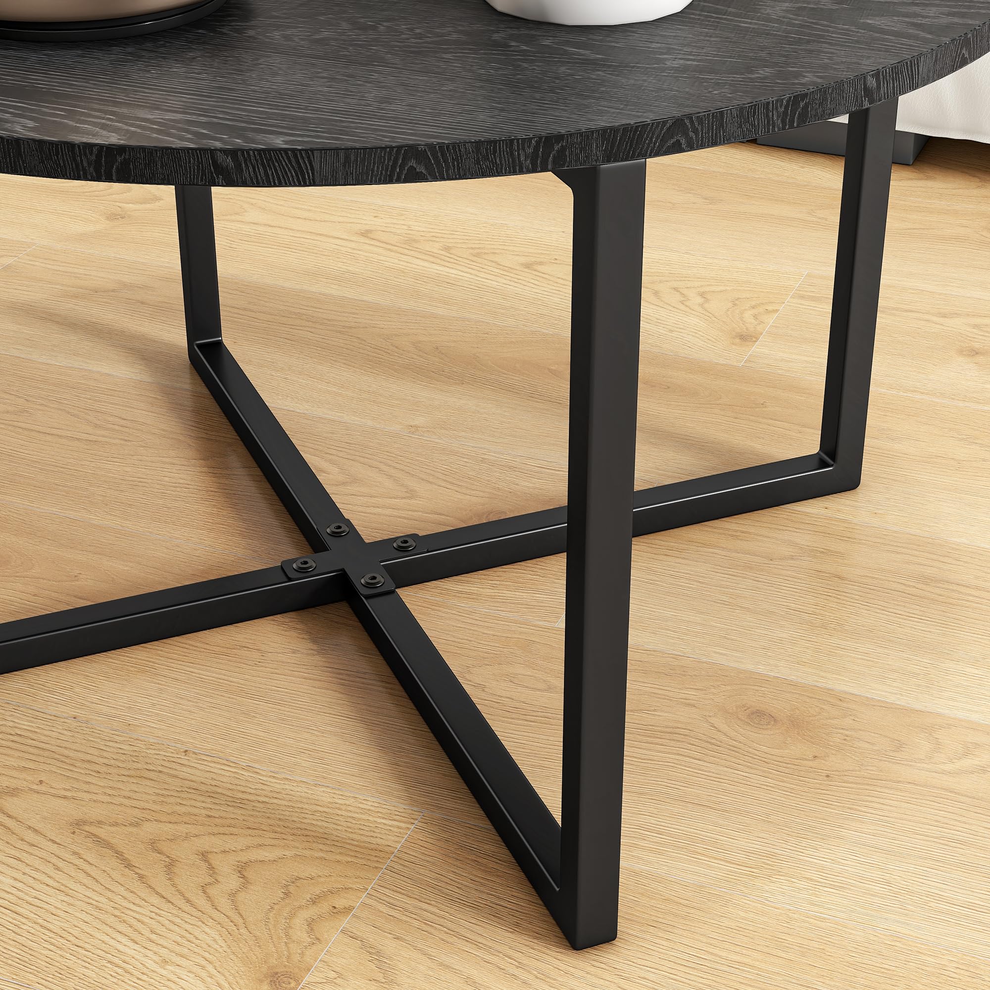 HOJINLINERO Table basse ronde pour salon avec pieds en métal, table de cocktail avec aspect bois, facile à assembler, noire