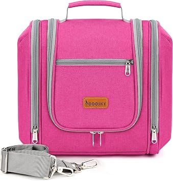 COOSKY Hanging Travel Toiletry Bag for Women and Men, 6 Organizer Compartments, Extra Large Toiletries Bag, Bathroom Cosmetic Bag, Water-resistant Makeup Bag, Holds Full-Size Shampoo, Rose Red