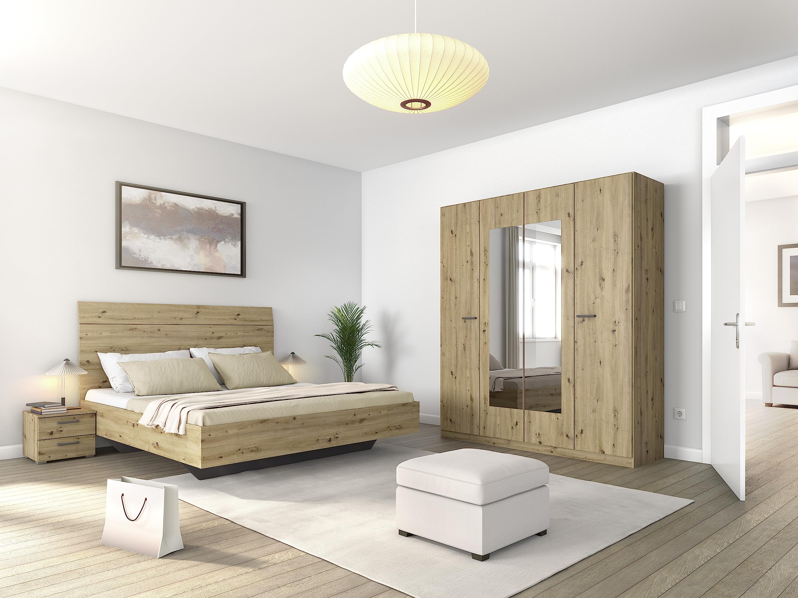 Rauch Möbel Florenz Schlafzimmer, Eiche Artisan, Holz, bestehend aus Bett mit Liegefläche 160x200 cm inklusive 2 Nachttische und Drehtürenschrank mit Spiegel BxHxT 181x210x54 cm
