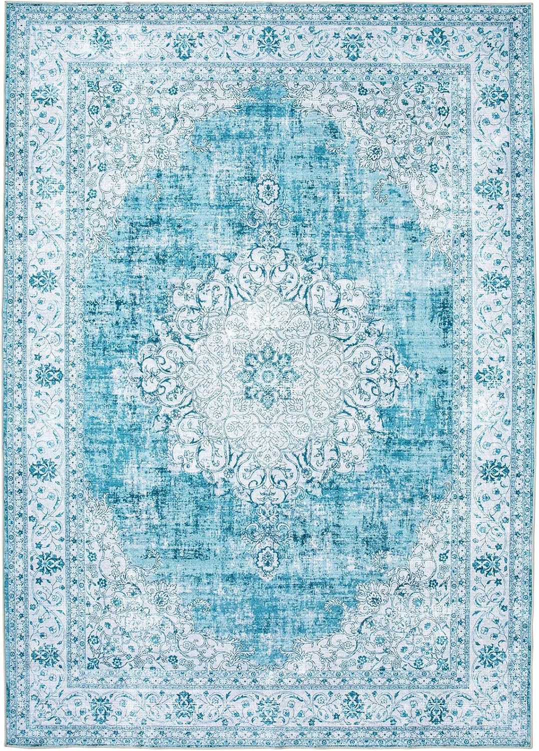 DECOMALL Kalina Washable Area Rugs 8x10ft, Bohemian Vintage Foldable Large Carpet for Living Room Bedroom, Blue White