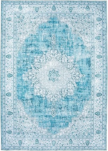 Miniatura 8 de DECOMALL Kalina - Alfombra lavable de 8 x 10 pies, estilo bohemio, vintage, plegable, grande para sala de estar, dormitorio, azul y blanco