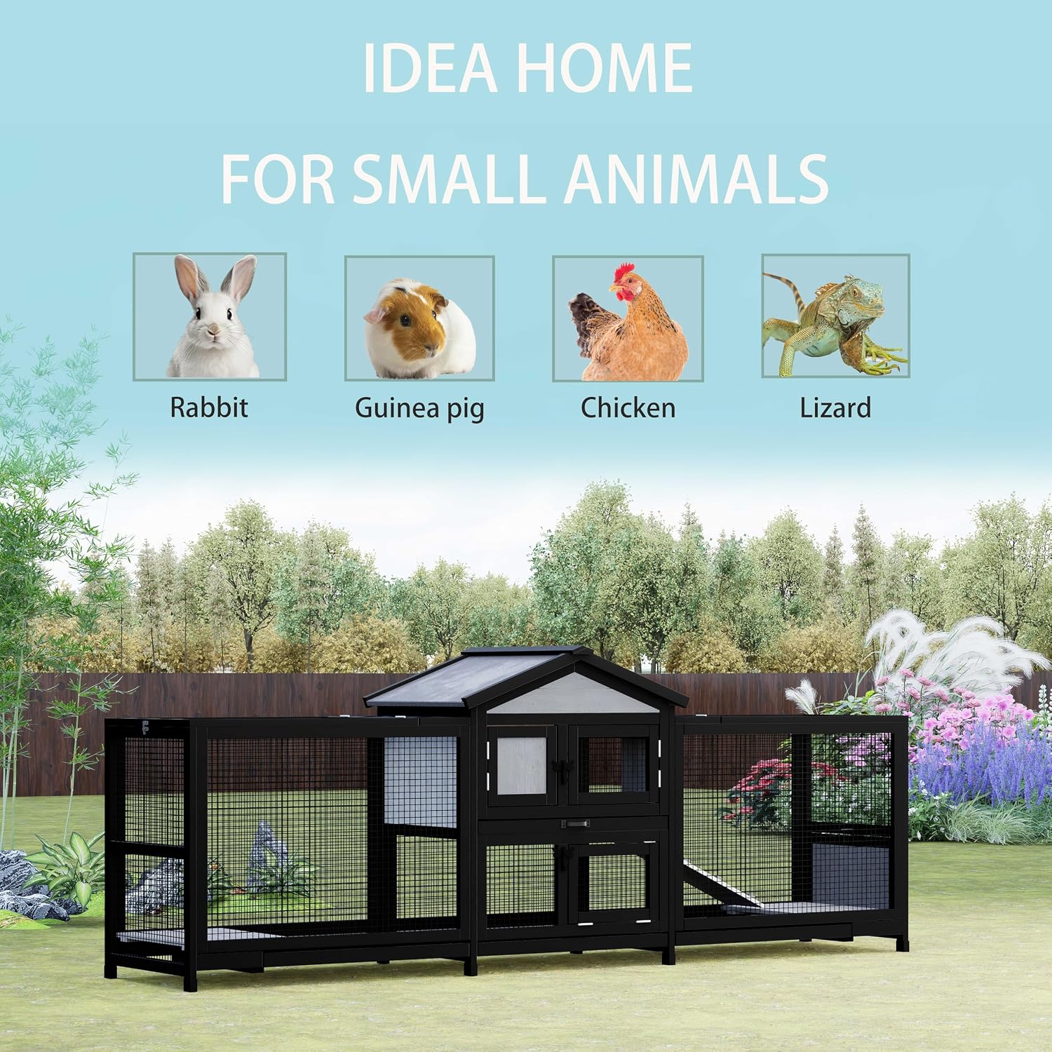89" Wooden Rabbit Hutch Bunny Cage Pet Playpen House Enclosure with Double Side Run Boxes, Ramp, for Guinea Pig and Small Animals, Black