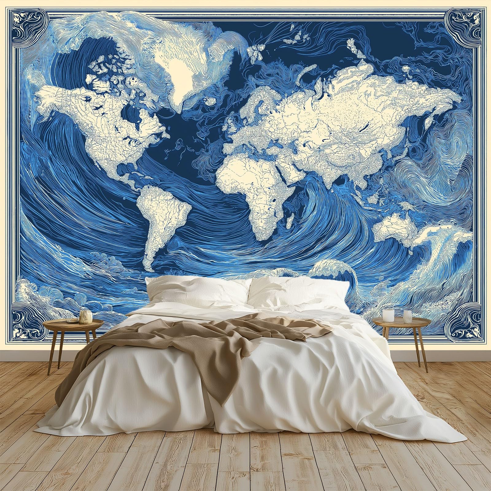 Générique Plakat retro mapa świata z falami oceanu, panoramiczna tapeta 500 x 280 cm, fototapeta z włókniny, do salonu i sypialni, kuchni, niebieski plakat obrazy ścienne
