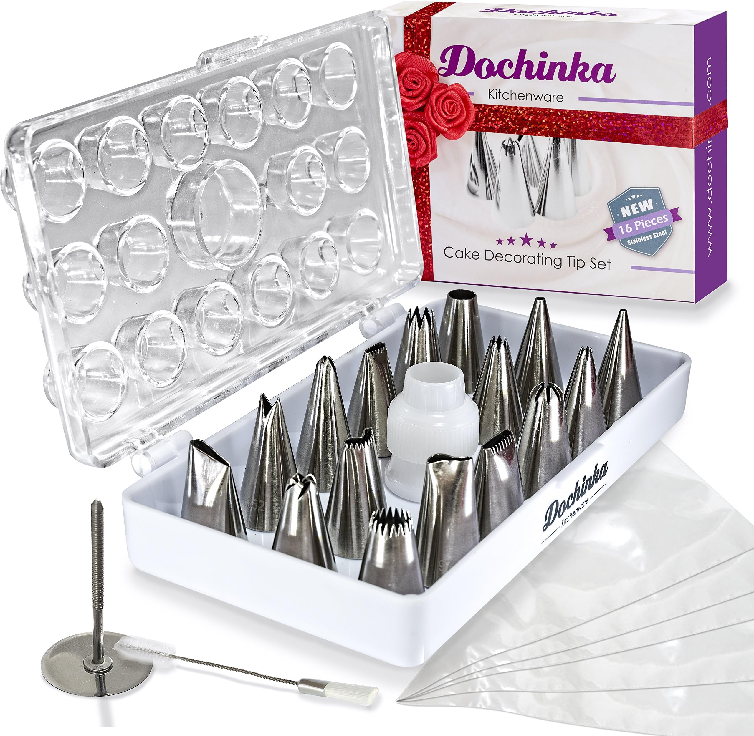 Cake Decorating Supplies Tip Set - Includes 16 Stainless Steel Nozzles, Reusable Coupler, Flower Nail, Cleaning Brush, 10 Piping Bags, Organizer and User Guide by Dochinka