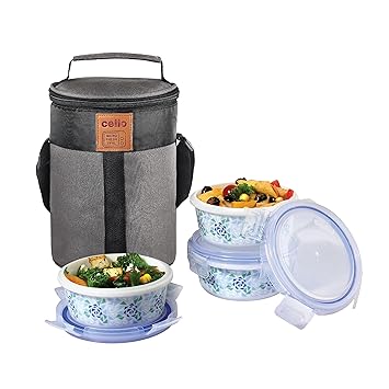 Mosaic Rose Opalware Lunch Box with Jacket, 3 Containers Lunch Box, 300ml