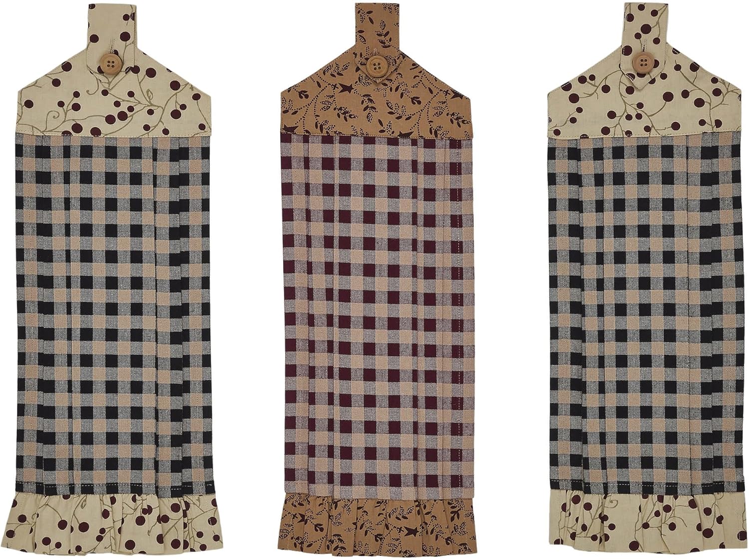 Rustic Checkered Cotton Button Loop Kitchen Towel Set of 3