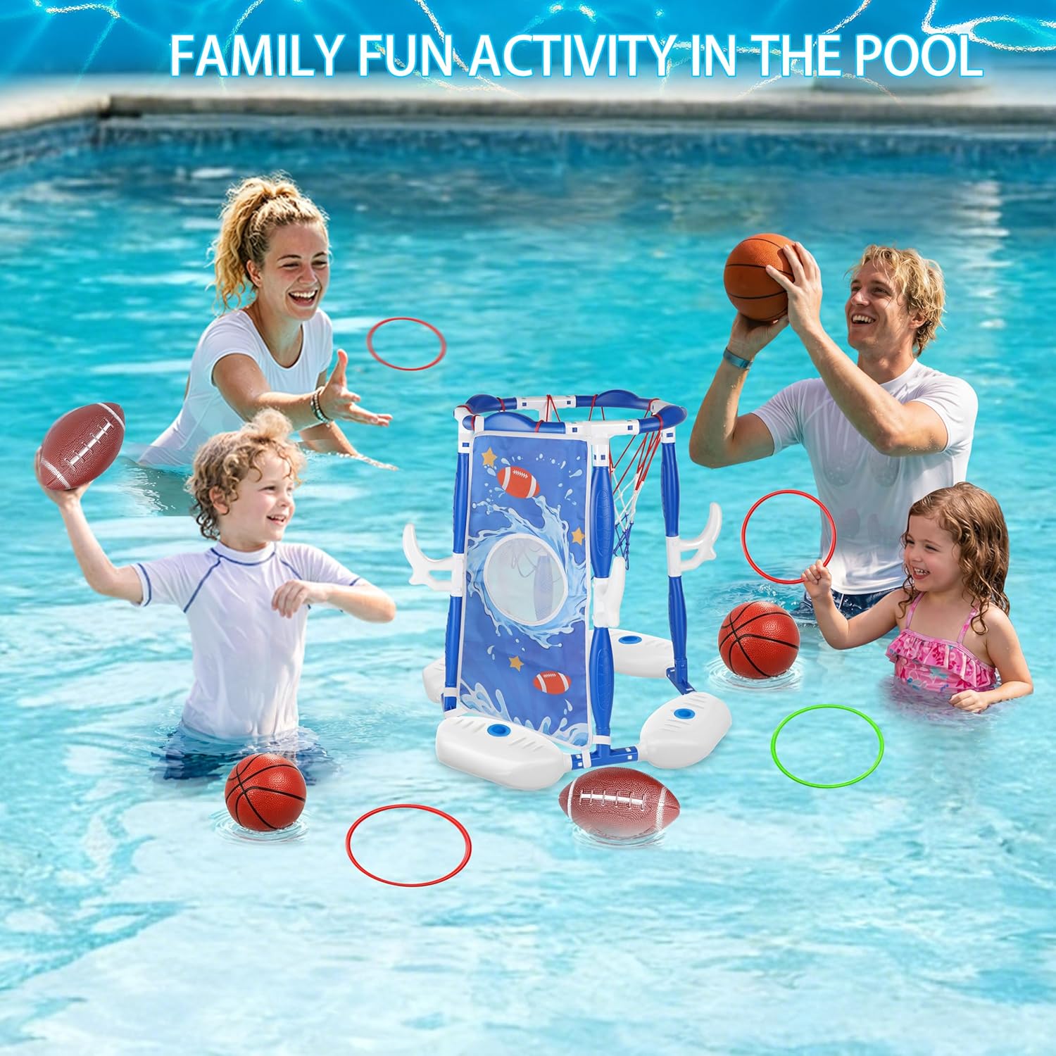 Pool Basketball Hoop, 3-in-1 Floating Basketball Hoop & Football Ring Games with 5 Balls 12 Rings and Pump, Outdoor Family Party Water Swimming Pool Basketball Games Toy for Kids Ages 4-8 8-12