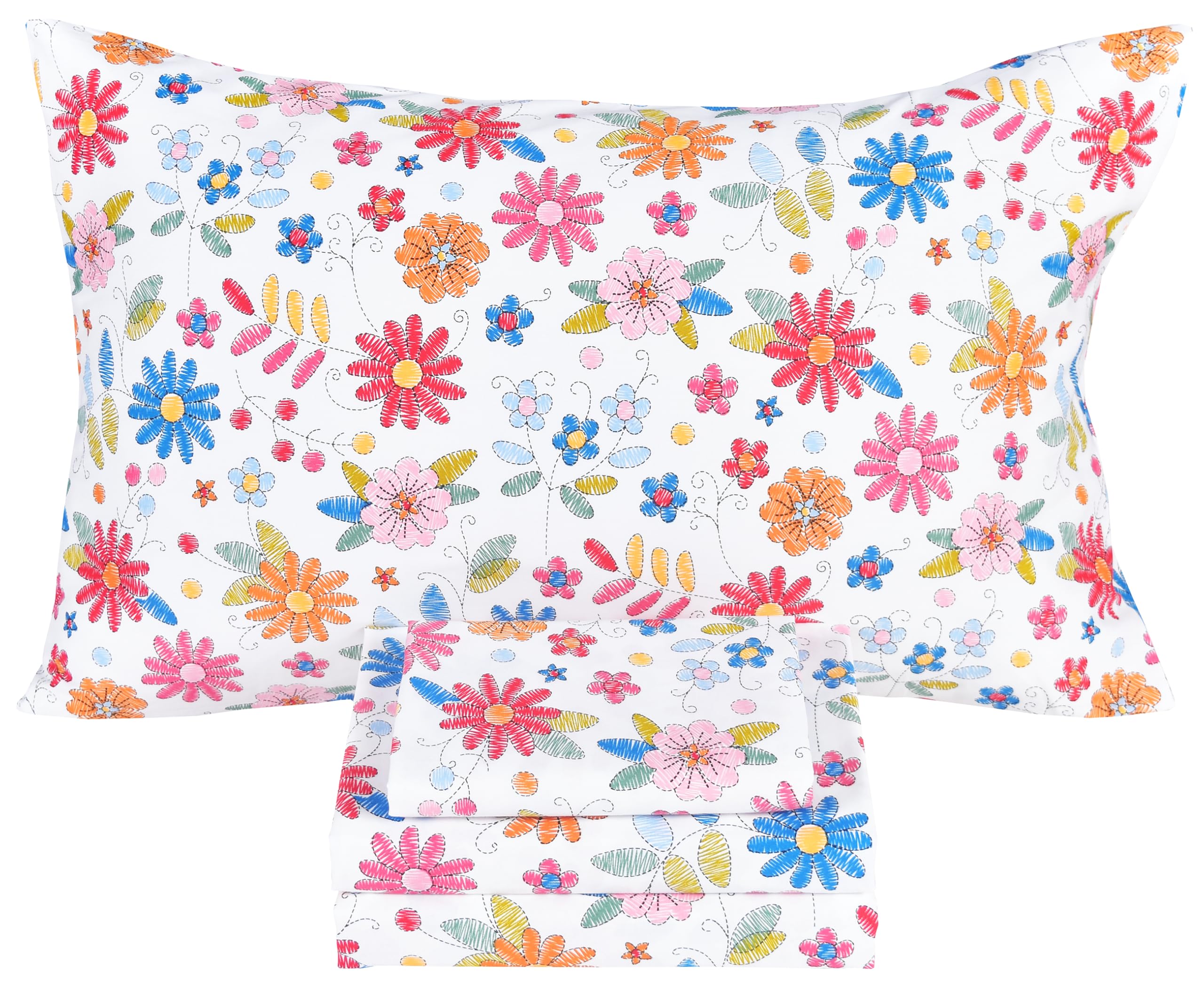 Scientific Sleep Kids Hand Sketch Flower Leaves Pastoral Garden Cute 100% Cotton 4 Pcs Full Bed Sheet Set Kids Toddler Teen, Flat Sheet &amp; Fitted Sheet &amp; Pillowcase Girls Bedding Set