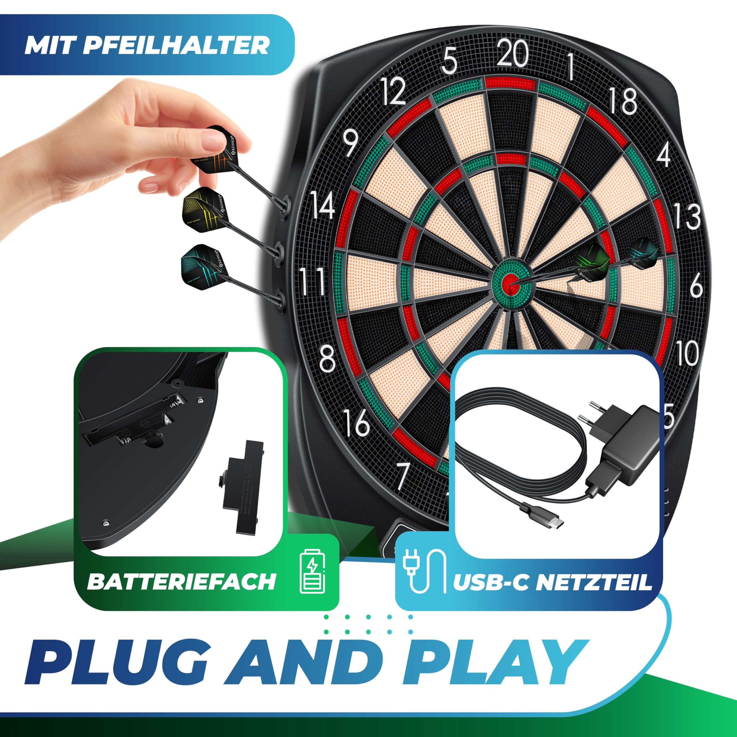 KESSER® Elektronische Dartscheibe Profi Set - E Dartboard mit 15 Dartpfeile + 20 Pro Flights 100 Pfeilspitzen + Zubehör Dart für 1 bis 8 Spieler mit LED Anzeige