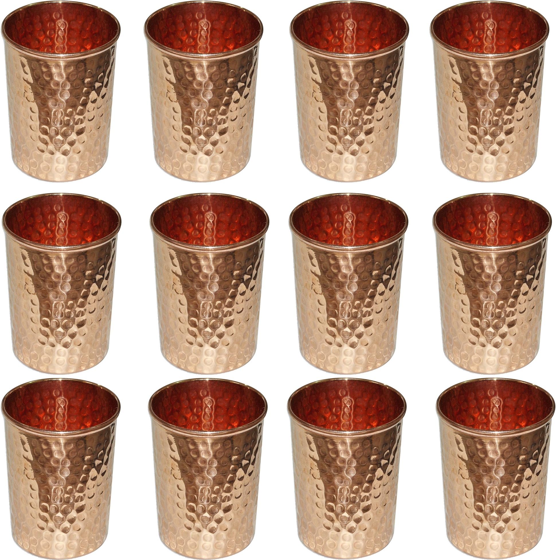 SKAVIJ Pure Copper Water Tumblers Hammered Style Drinking Glasses (Pack of 12, 0.32 Litre)