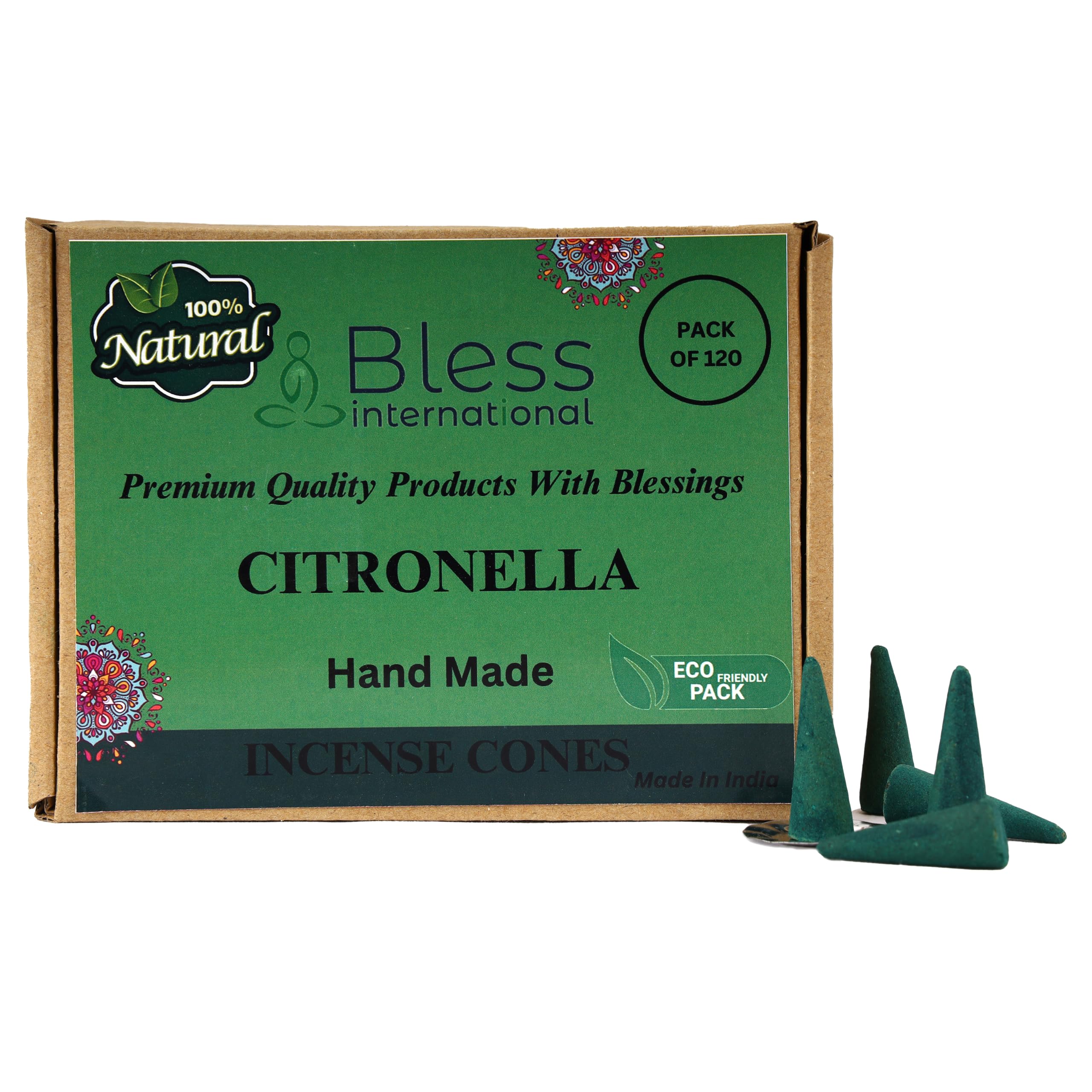 Bless International Citronela 100% natural, conos de incienso hechos a mano, orgánicos sumergidos a mano, sin productos químicos para purificación, relajación, positividad, yoga, meditación, los