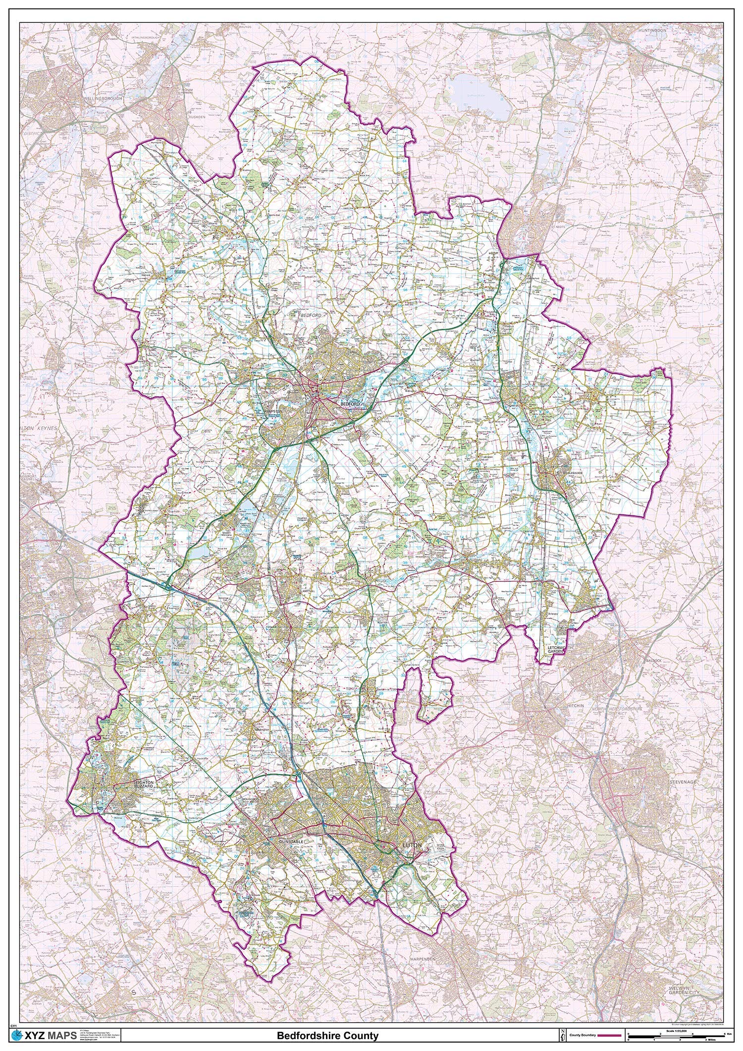 Bedfordshire County Map-Plastic Coated