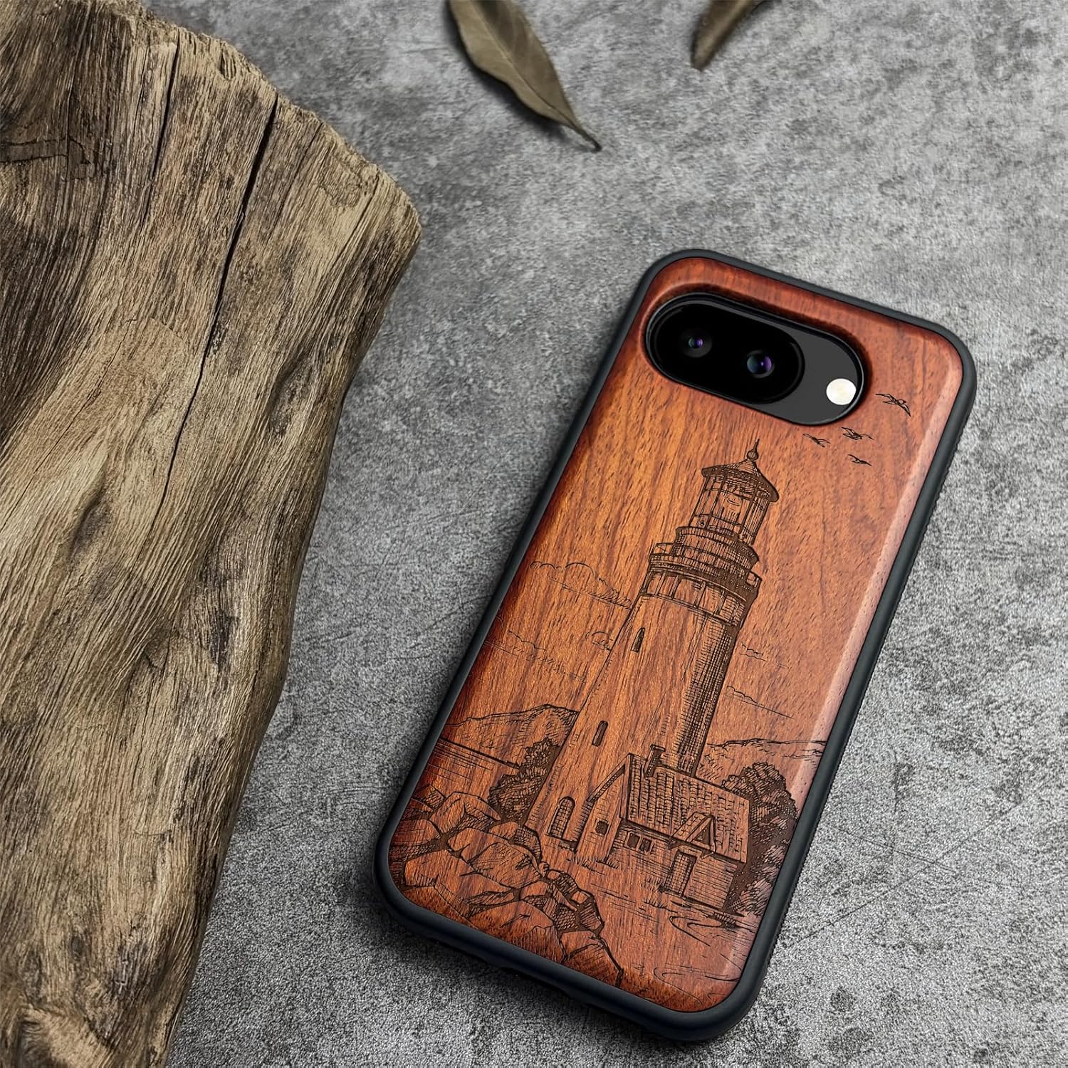 Carveit Magnetic Wooden Case for Google Pixel 10a Case, Wood Artisan Engraved & Soft TPU Shockproof Cover, Compatible with MagSafe Wireless Chargers (Lighthouse) Rosy