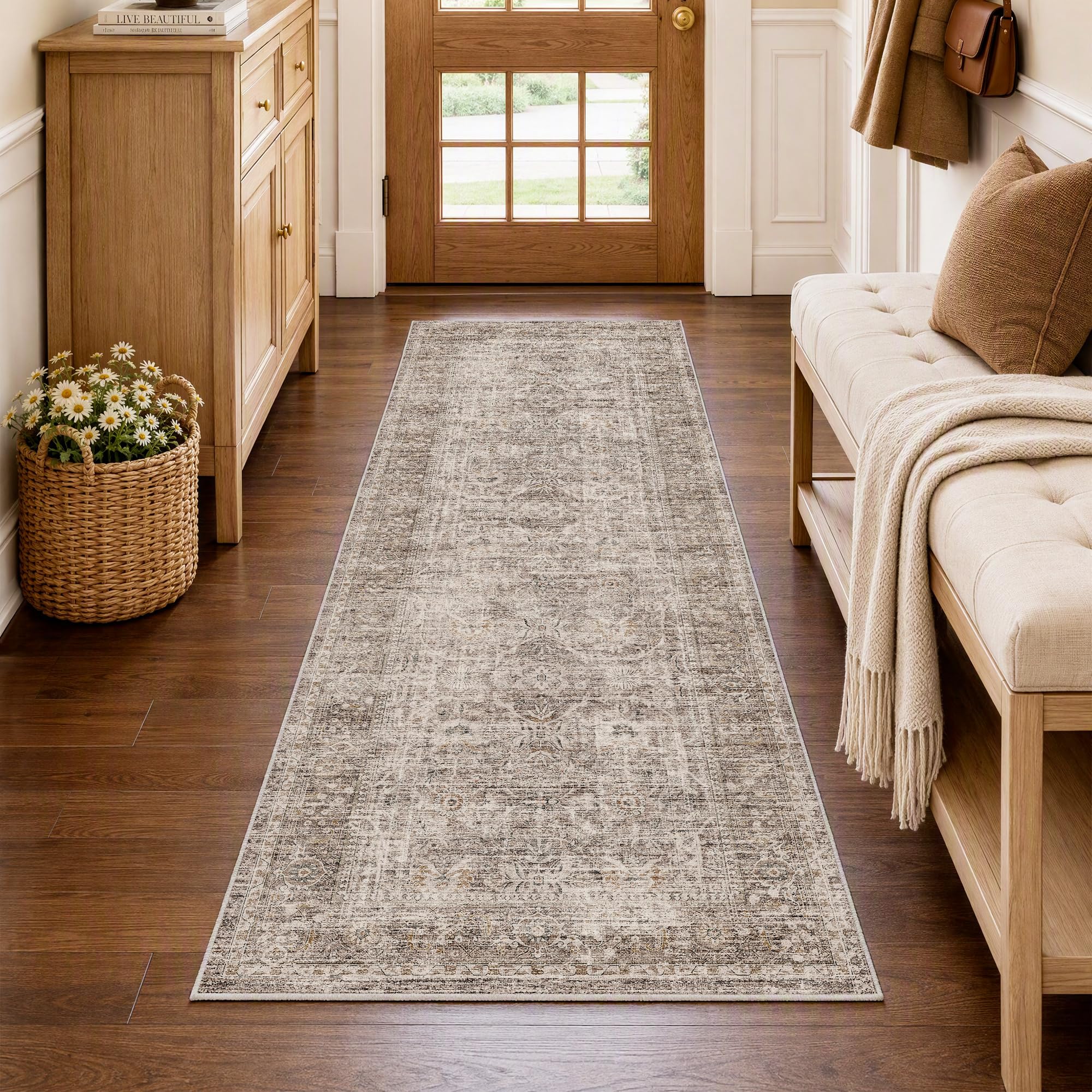 FMFUNCTEX 2x6 Hallway Runner Rug Washable Taupe Vintage Distressed Indoor