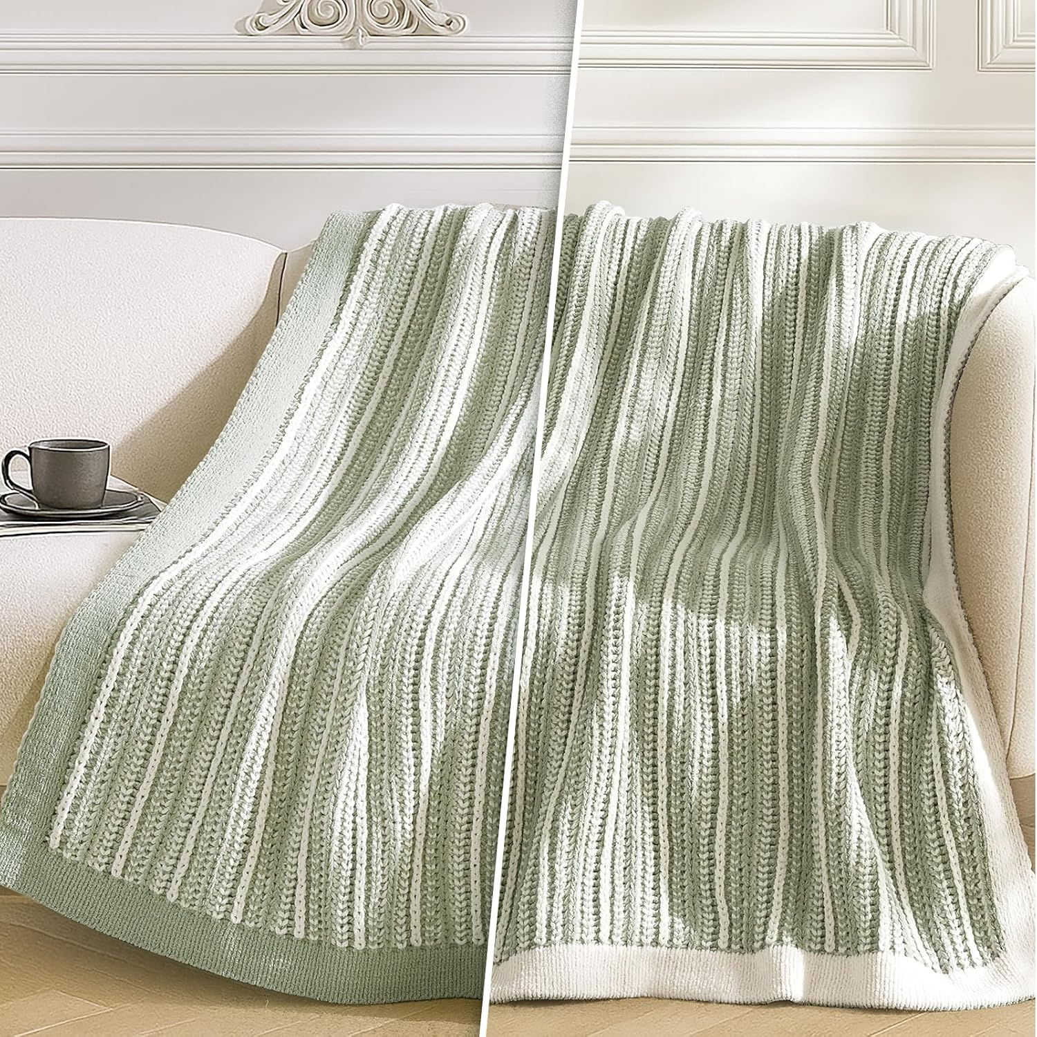 Amélie Home Striped Knit Throw Blanket for Couch, Dual-Sided Soft Chenille Decorative Blankets for Sofa & Chair, 50"x60", Sage Green & White - Image 4
