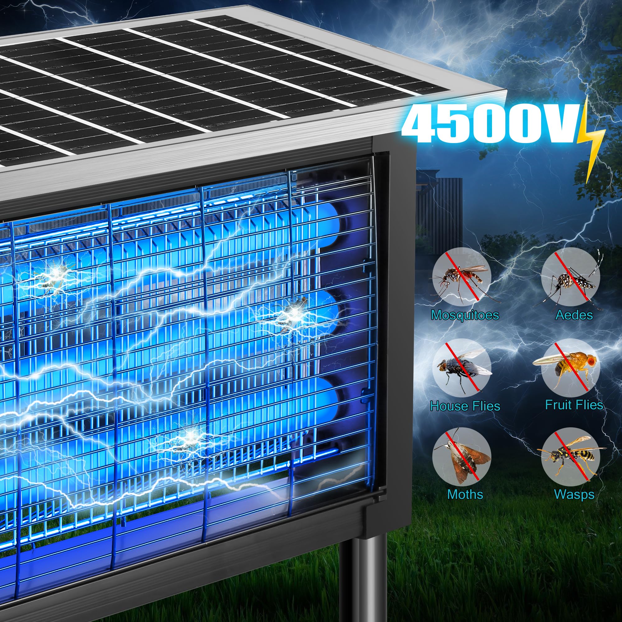 Matamoscas solar para exteriores, matamoscas eléctrico de mosquitos de 30 W, impermeable, inalámbrico, funciona con energía solar, para patio, jardín, patio, caravana, camping, estanque