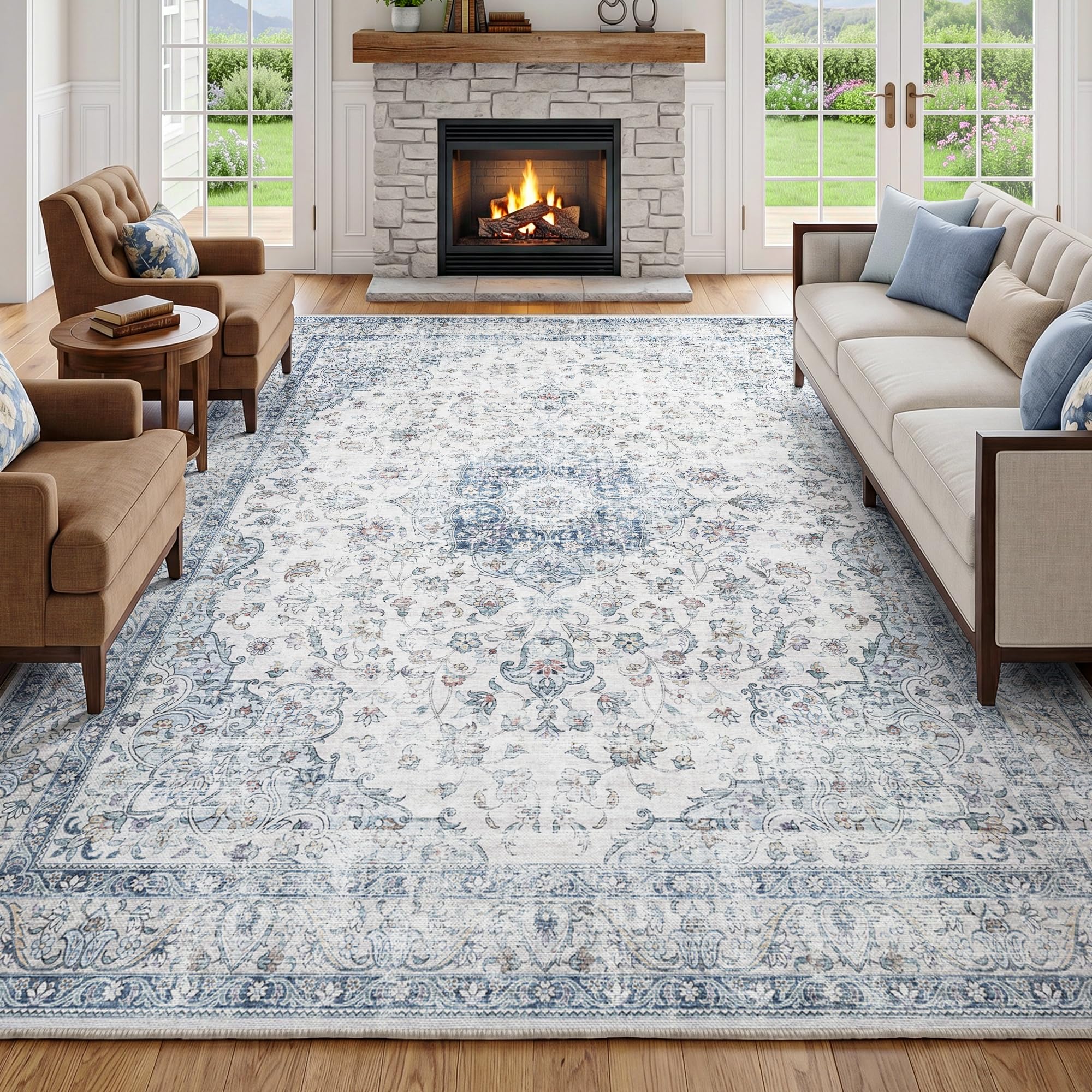Beauoop Washable Area Rug Blue Neutral 200x300 cm Large Vintage Distressed Non Slip Carpet for Living Room Bedroom Soft Low Pile Indoor Mat Retro Thin Rug for Dining Room Kitchen Nursery Office