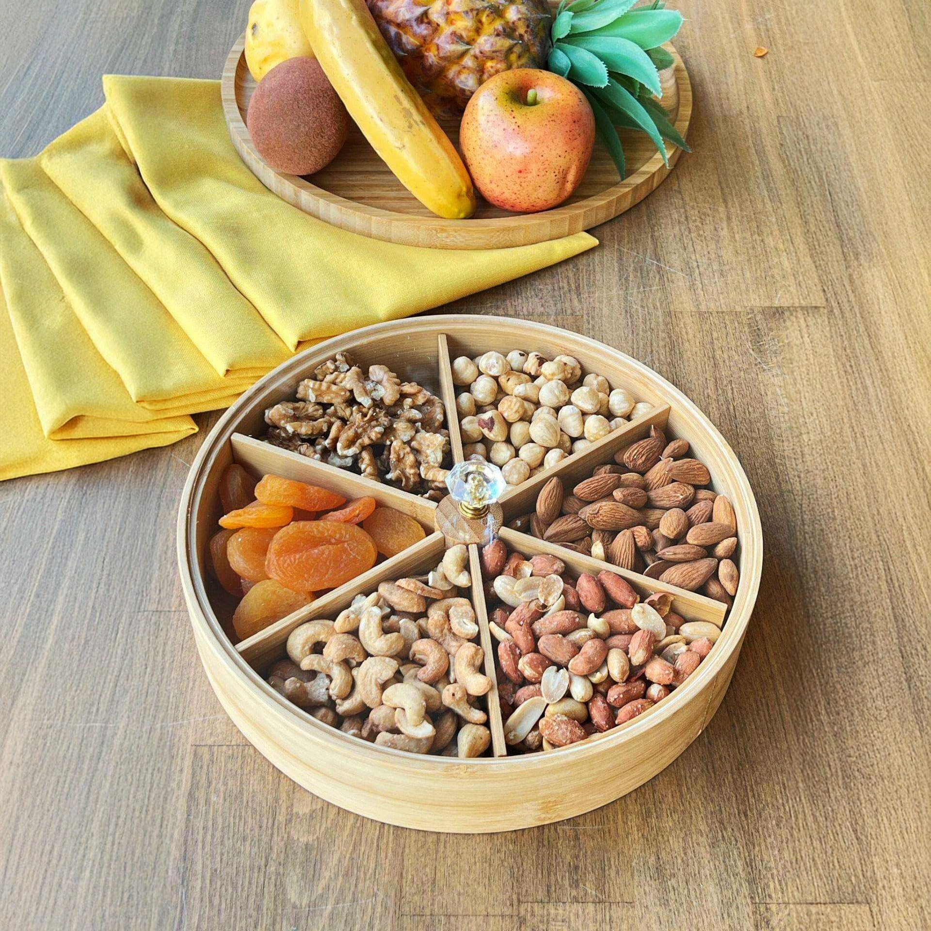 Deconox Bambu Bölmeli Kristal Kapaklı Sunumluk, Kuru Meyve, Kuru Yemiş ve Drajeleriniz İçin (KARE)