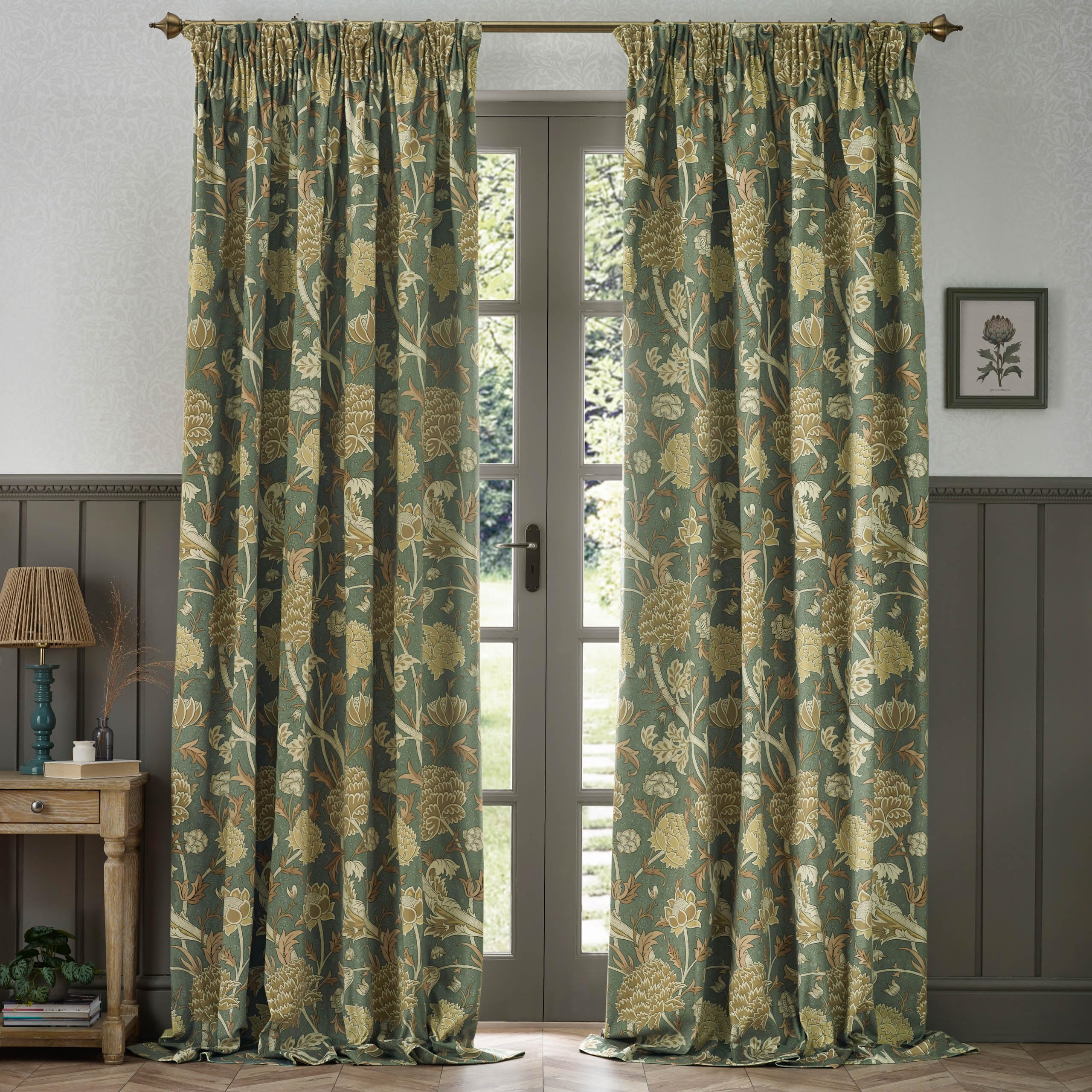 Morris & Co Cray Floral Velvet Room Darkening Pencil Pleat Curtains in Green | Size: 117cm width x 137cm drop