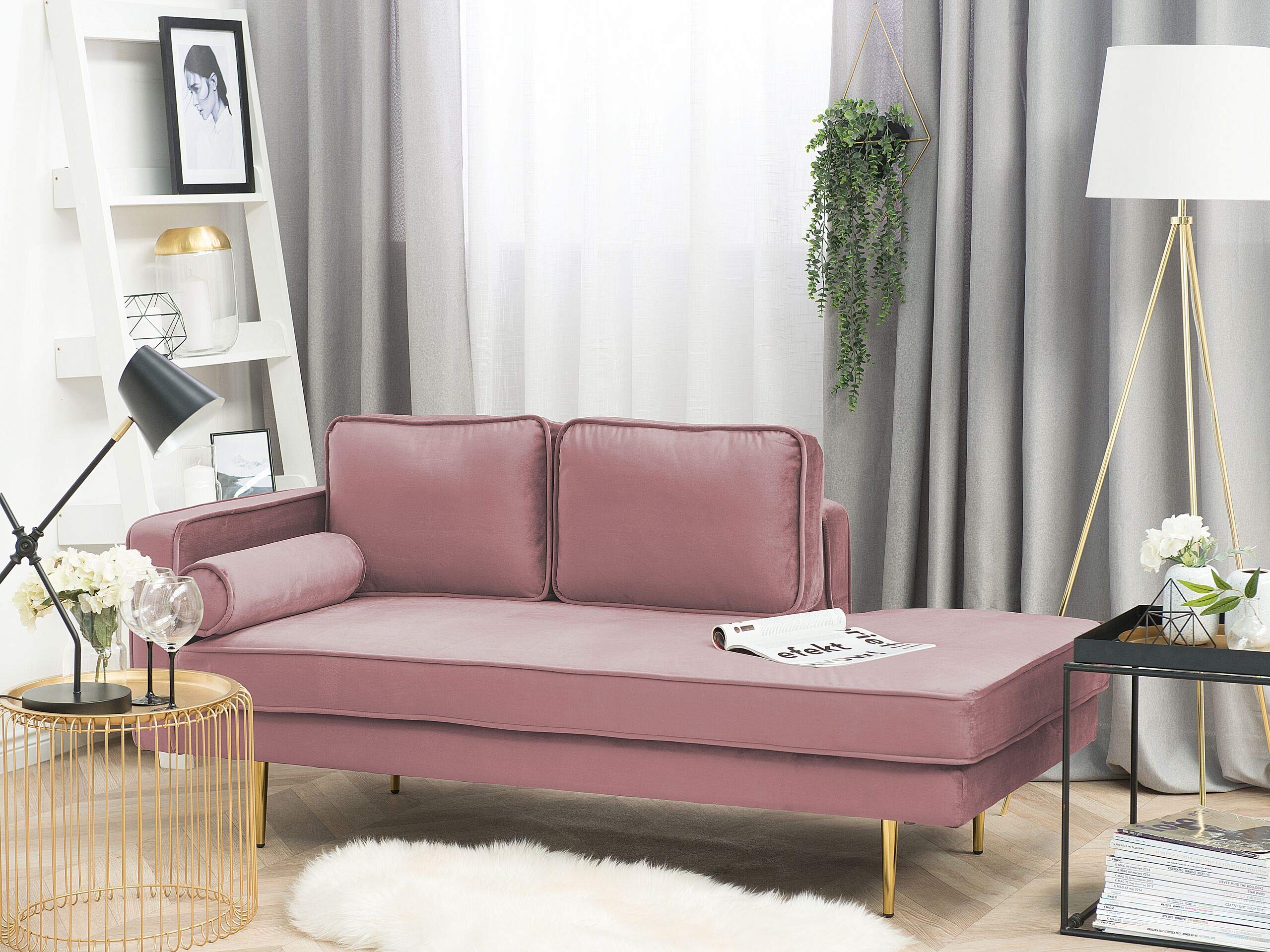 Beliani Chaiselongue Samt rosa Links goldenes Gestell mit Nackenrolle modern Miramas