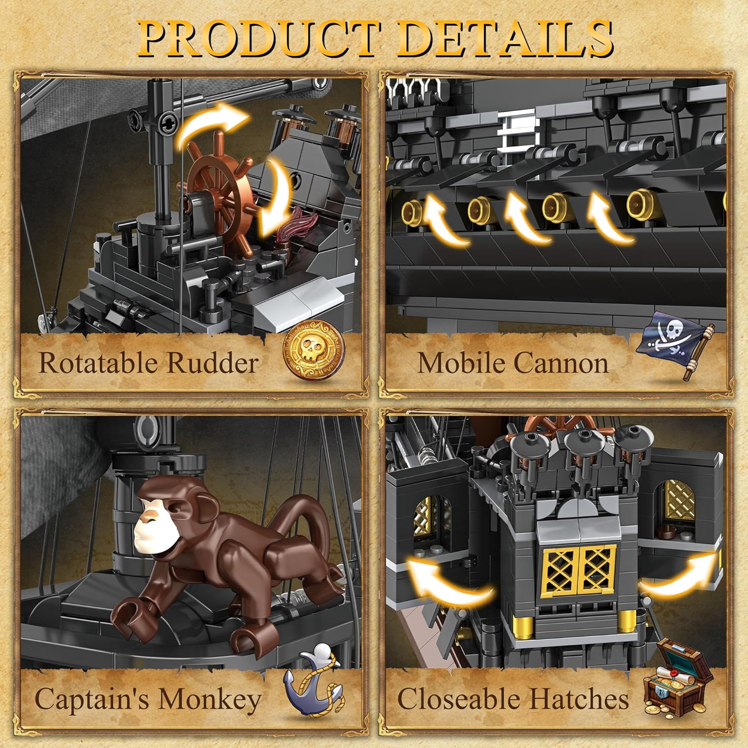 Pirate Ship Building Block Model Kits, Advanced MOC Black Pearl Ship Building Set Toy, Christmas Birthday Building Set Gifts for Adults and Kids Aged 12+, 1366 PCS