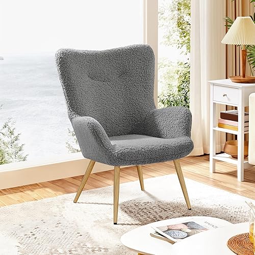 Miniatura 9 de Yaheetech Silla decorativa con otomana, sillón de tela Boucle, silla de tocador moderna y acogedora con patas doradas para sala de estar, salón,