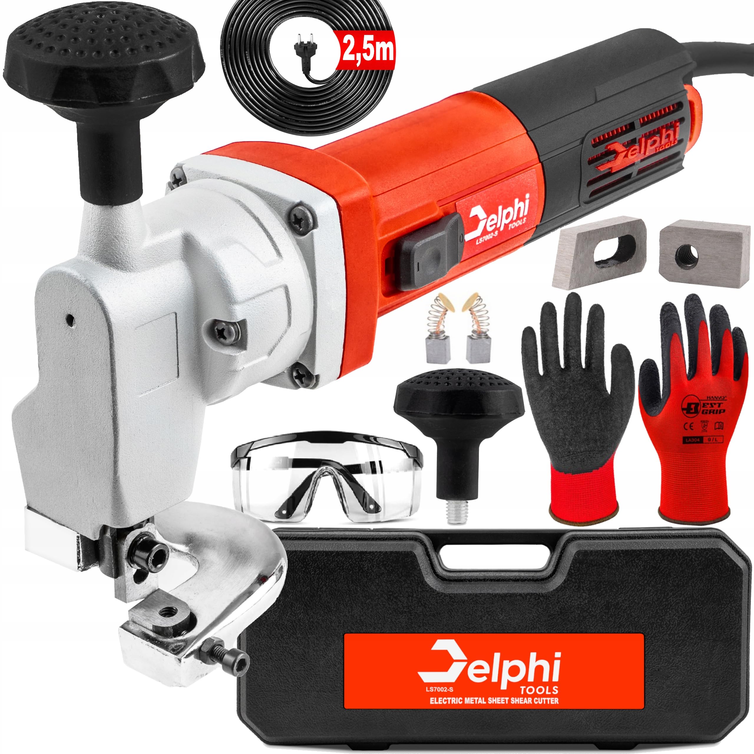 DELPHI Forbici elettriche per lamiera, 850 W, 220 V, qualità industriale, in acciaio inox, taglierina per metallo, taglio fino a 2,5 mm, piastra in acciaio da costruzione 2200 rpm