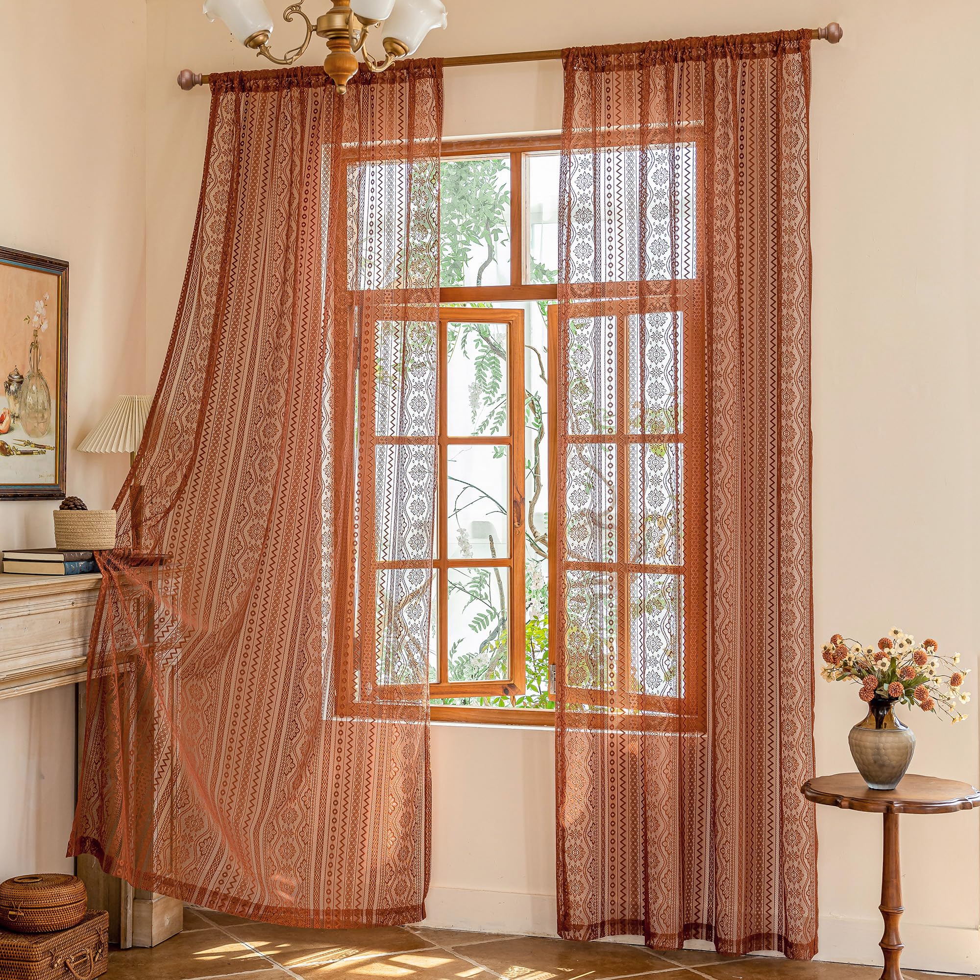 MYSKY HOME Vorhang Spitze Blumen Bestickte Vintage Gardinen — Vorhänge Transparent für Wohnzimmer Schlafzimmer Stabtasche 2er Set, Ziegelrot, H 245 x B 140 cm.