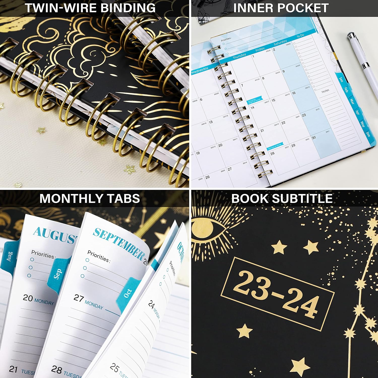 Planner 2023-2024 - Academic Planner 2023-2024, Jul 2023 - Jun 2024, 2023-2024 Planner Weekly and Monthly with Tabs, 6.1" x 8.7", Hardcover with Back Pocket + Thick Paper + Twin-Wire Binding, Daily Organizer - Black