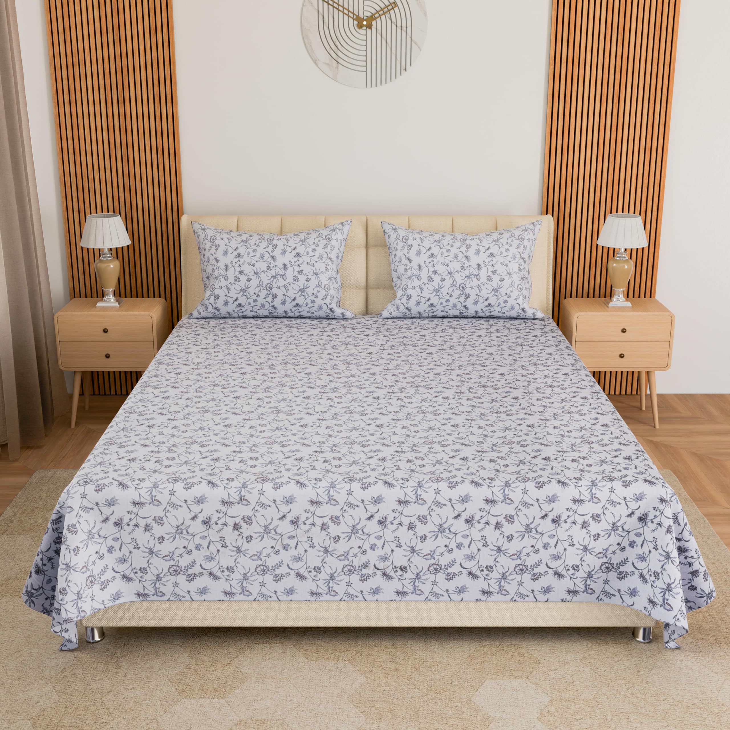LINENWALAS 100% Cotton Twill Single Size Bedsheet with 1 Pillow Cover | Soft, Breathable & Floral Printed Flat Bedsheet for Single Bed |300 TC | Wrinkle-Resistant, Fade-Proof (152 x 229 CM,Grey Flora)