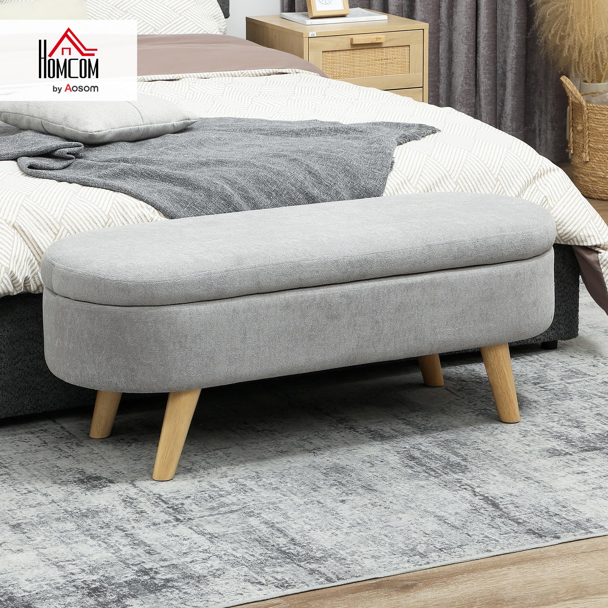 HOMCOM Banco Pie de Cama, Puff Almacenaje Tapizado en Terciopelo de Teddy con Patas de Madera y Asiento Acolchado, Banco de Almacenaje Ovalado para Dormitorio, Entrada, Pasillo, Gris Claro