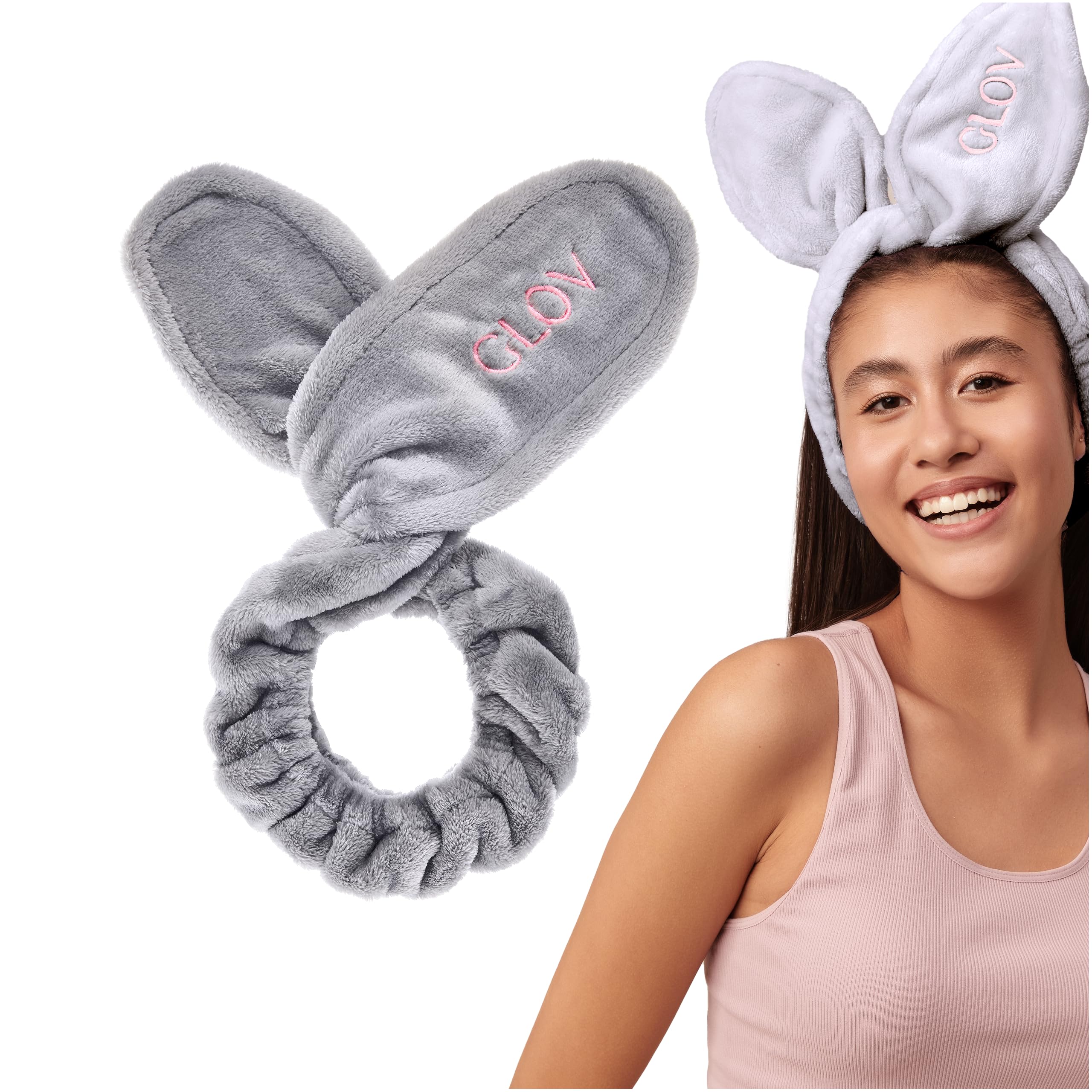 Glov Gray Makeup Headband Bunny Ears Soft Plush Facial Hairband for Easy Cosmetic Removal Includes Original Gray Pouch