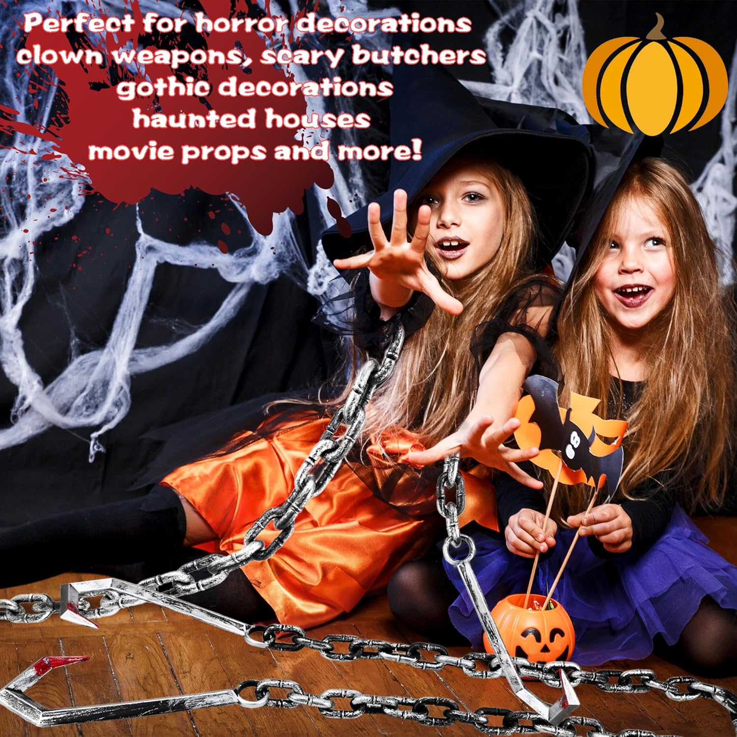 2 Pack Halloween Chains Plastic Fake Butcher Hook Halloween Plastic Chain with Chain Weapons for Halloween Horror Prop Decor Cosplay