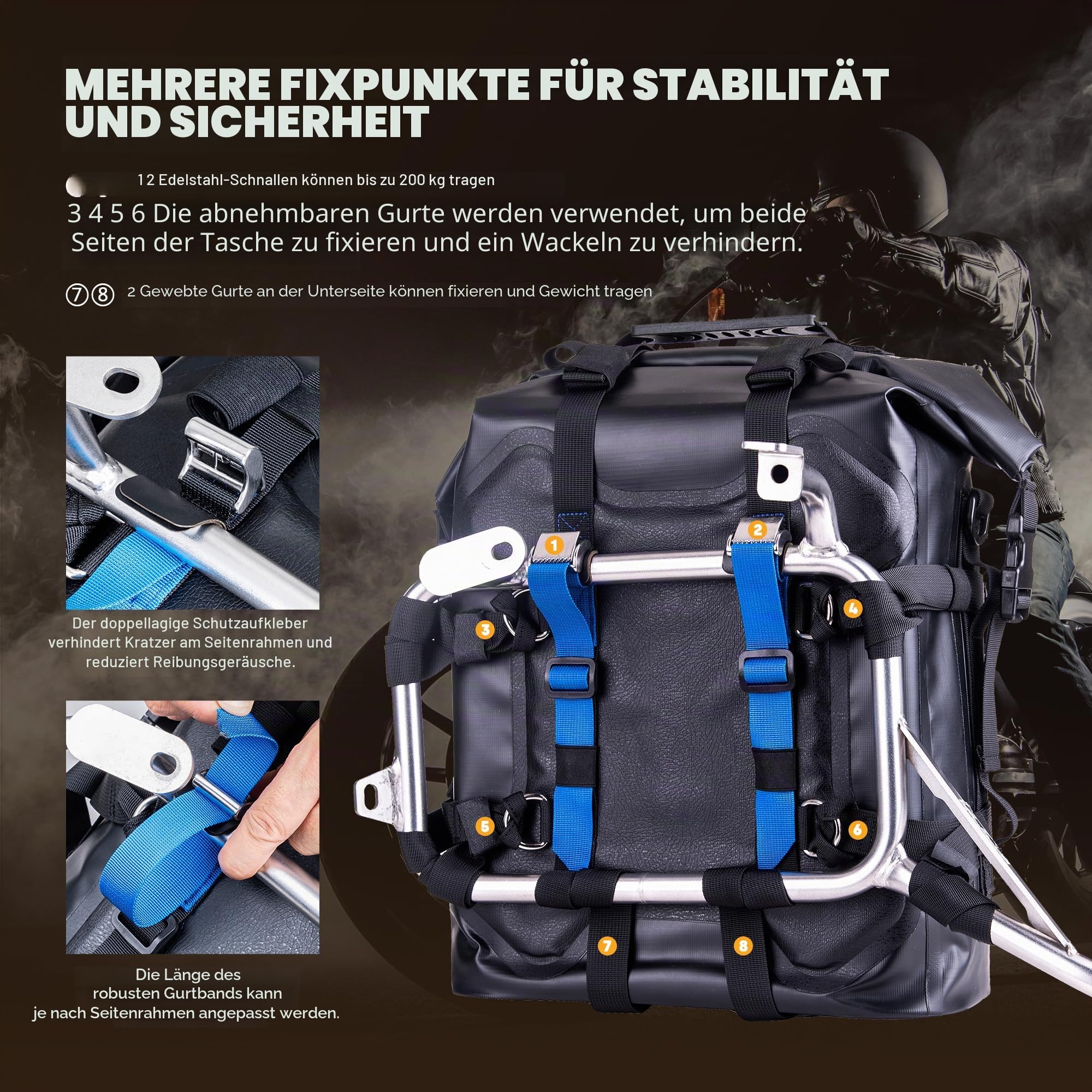 WILD HEART Motorrad Seitentasche Edelstahl Federung wasserdichte Tasche 20L/25L wasserdicht Pianner verschleißfest Allzweck-Bike-Zubehör (Schwarz TPU, 25L,One PCS)