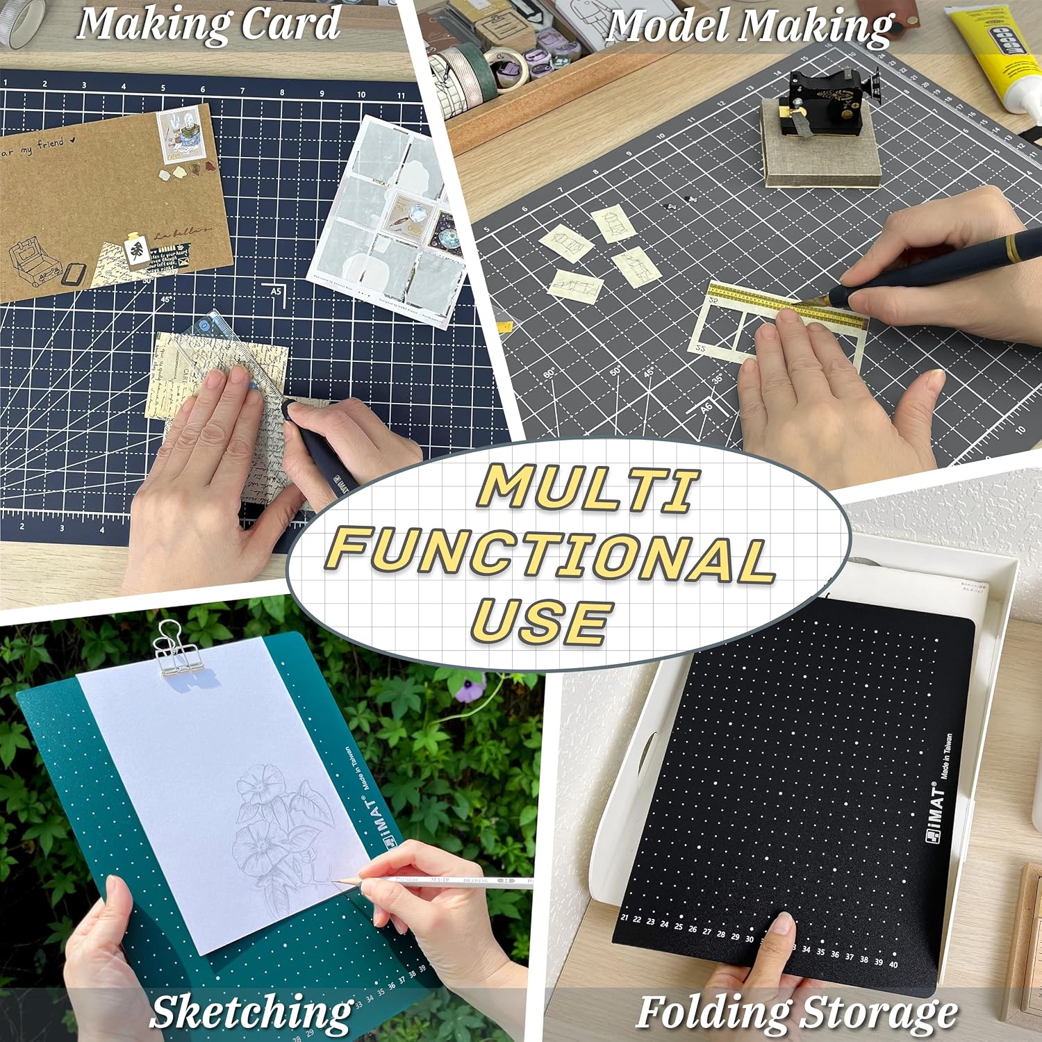 iMAT Flip Cutting Mat Note A3 Foldable Double-Sided Black | Inch grid front with cm dot back for dual-unit measuring. 12" x 18" size, ideal for cutting, crafts, sewing, and DIY projects